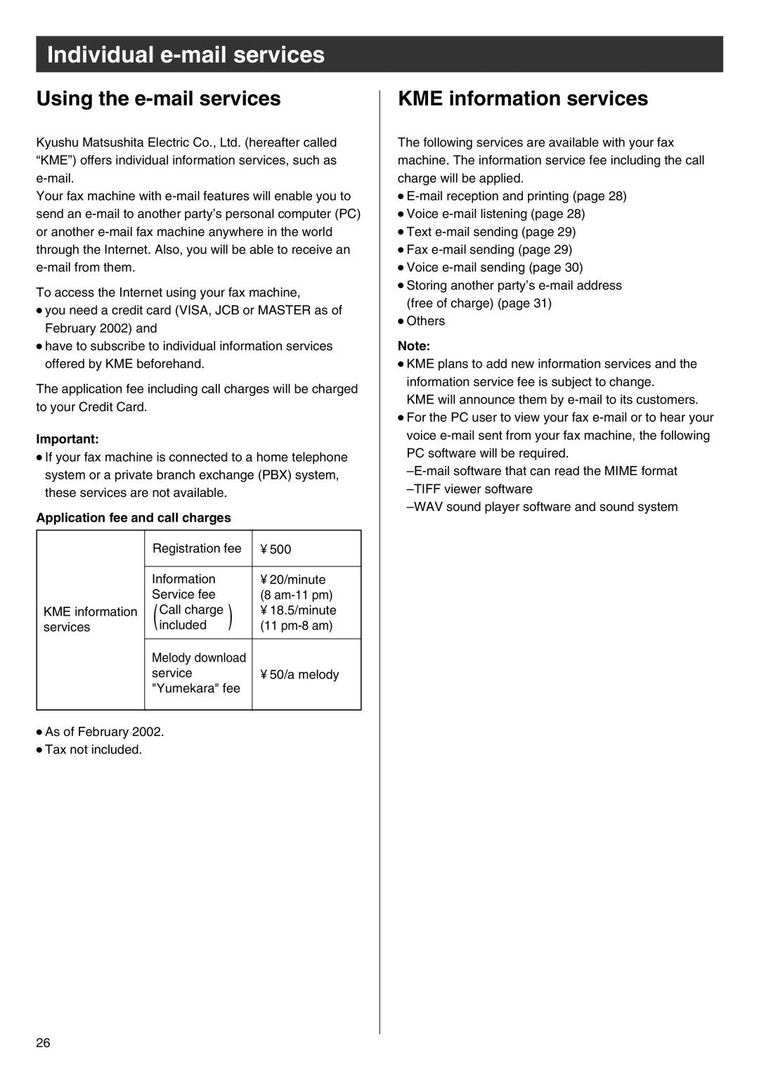 Panasonic KX-PW102CW specifications Individual e-mail services, Using the e-mail services, KME information services 