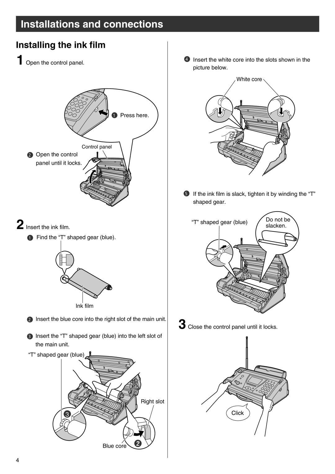 Panasonic KX-PW102CW specifications Installations and connections, Installing the ink film 