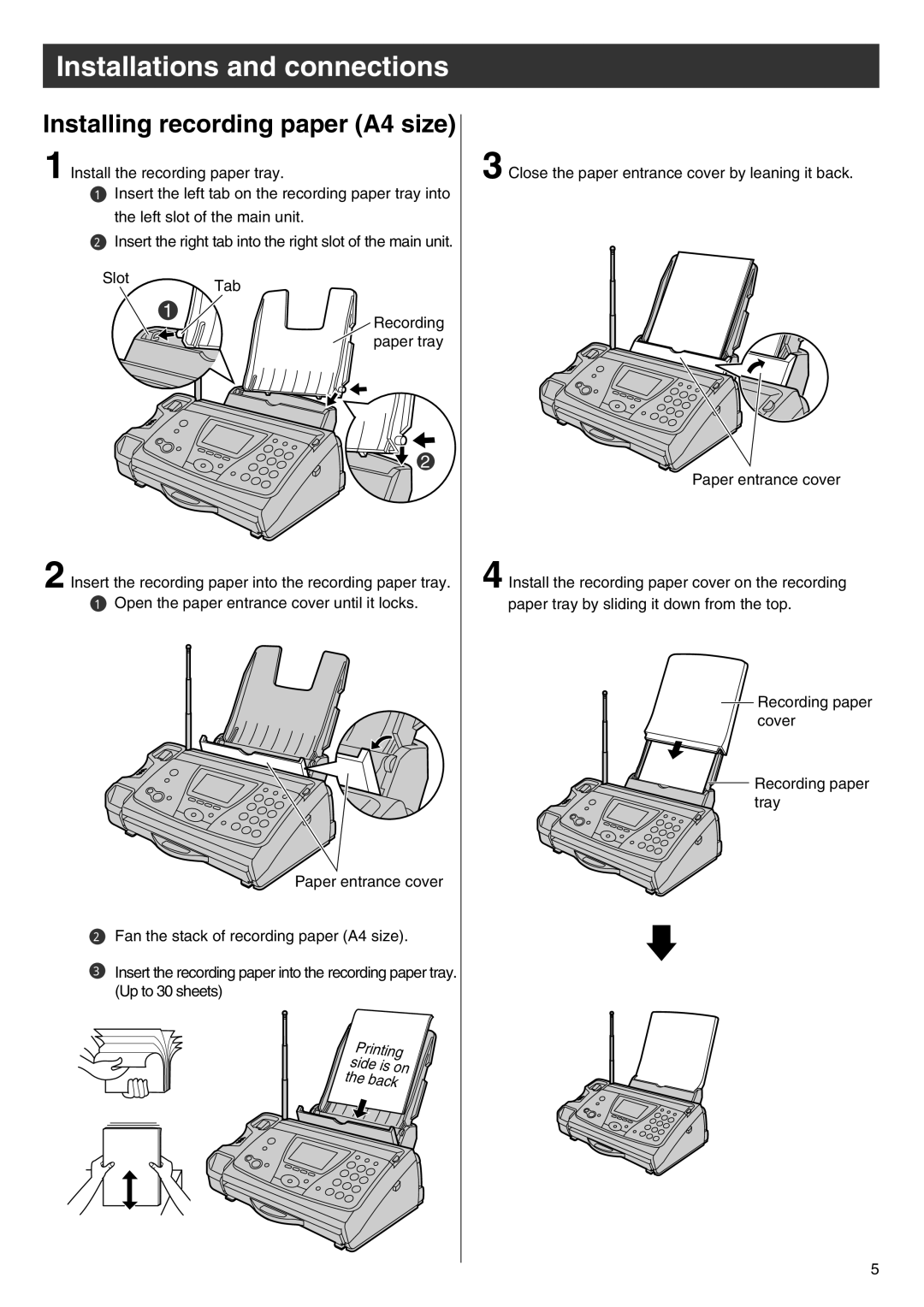 Panasonic KX-PW102CW specifications Installing recording paper A4 size, Printing side is on the back 