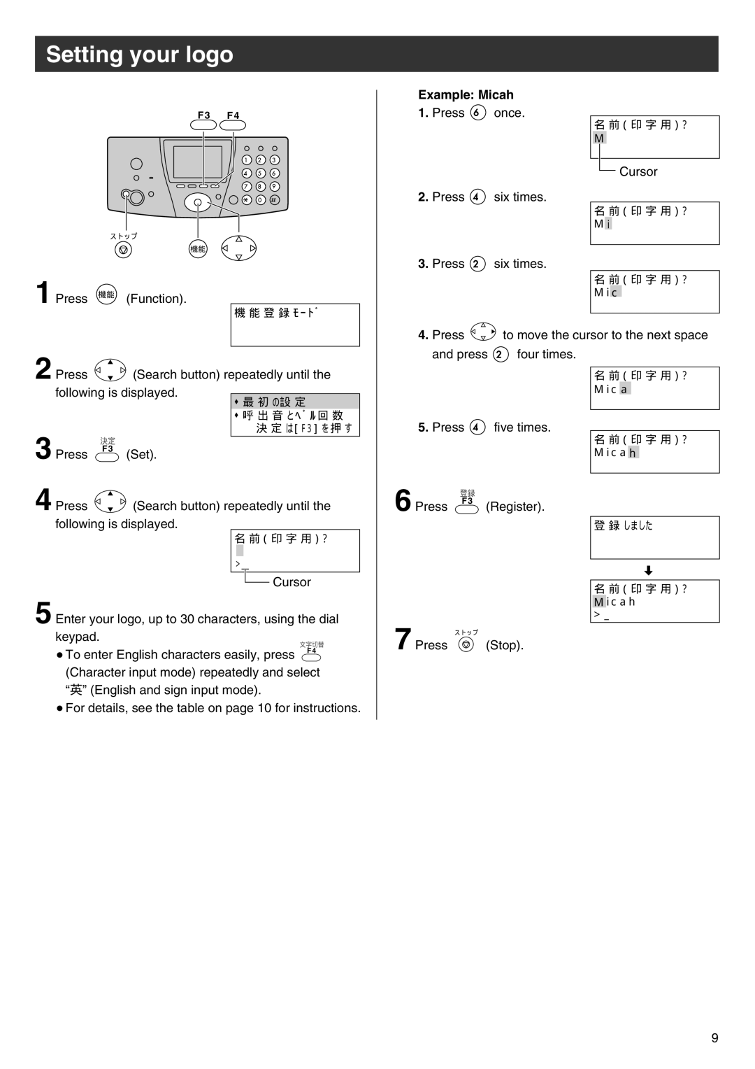 Panasonic KX-PW102CW specifications Setting your logo, Example Micah 