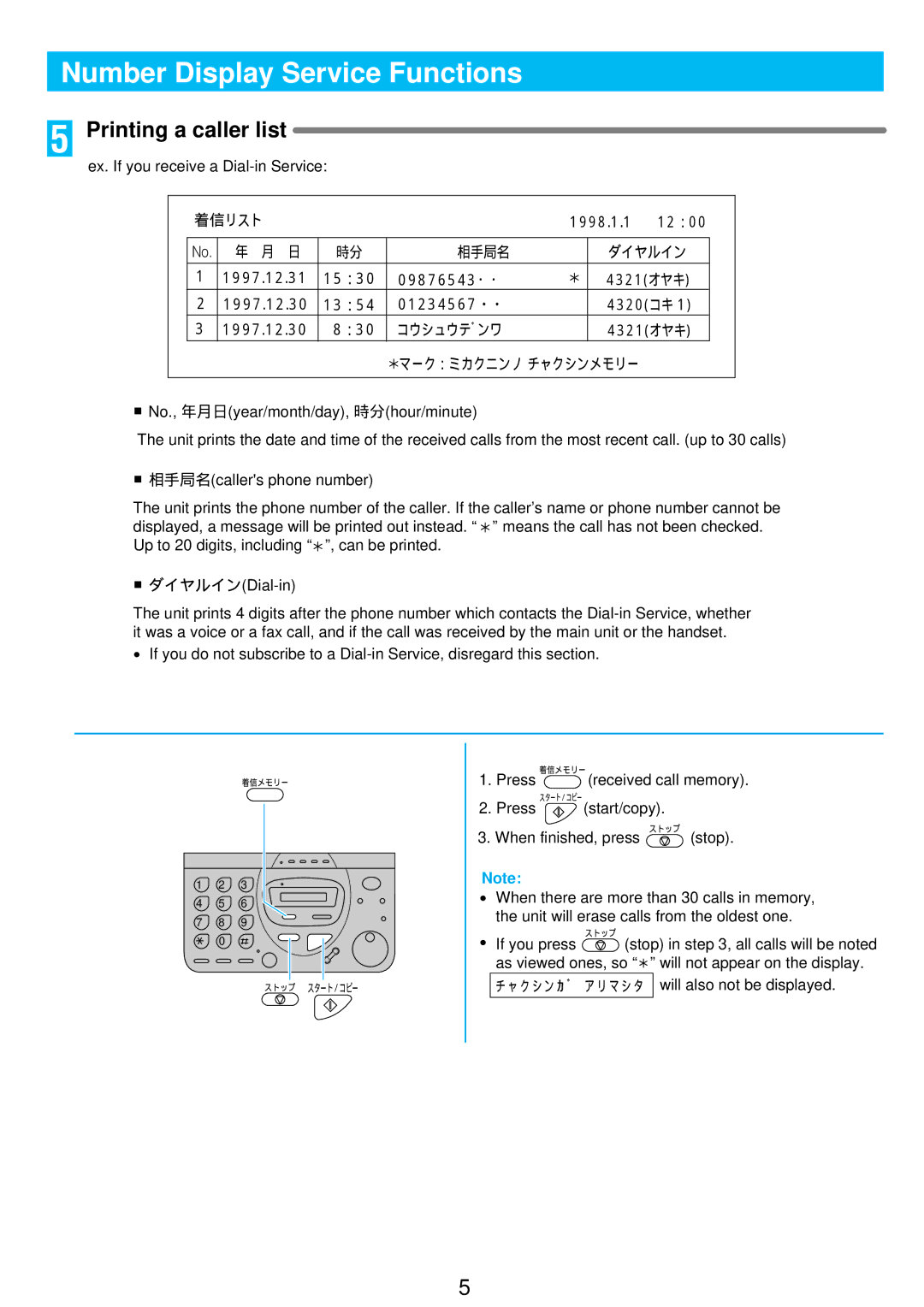 Panasonic KX-PW30CL2, KX-PW10CL2 manual Printing a caller list, マーク：ミカクニンノ チャクシンメモリー 