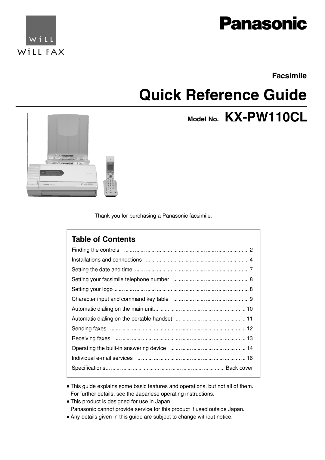 Panasonic KX-PW110CL specifications Quick Reference Guide 