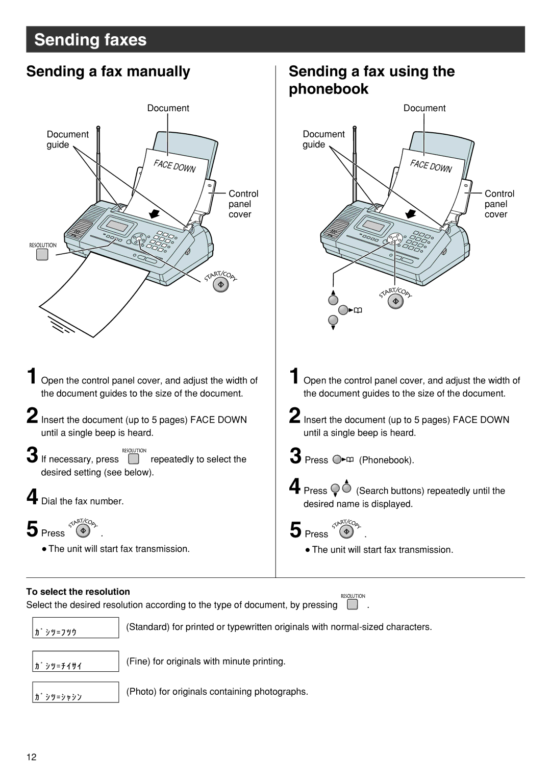 Panasonic KX-PW110CL Sending faxes, Sending a fax manually, Sending a fax using the phonebook, To select the resolution 