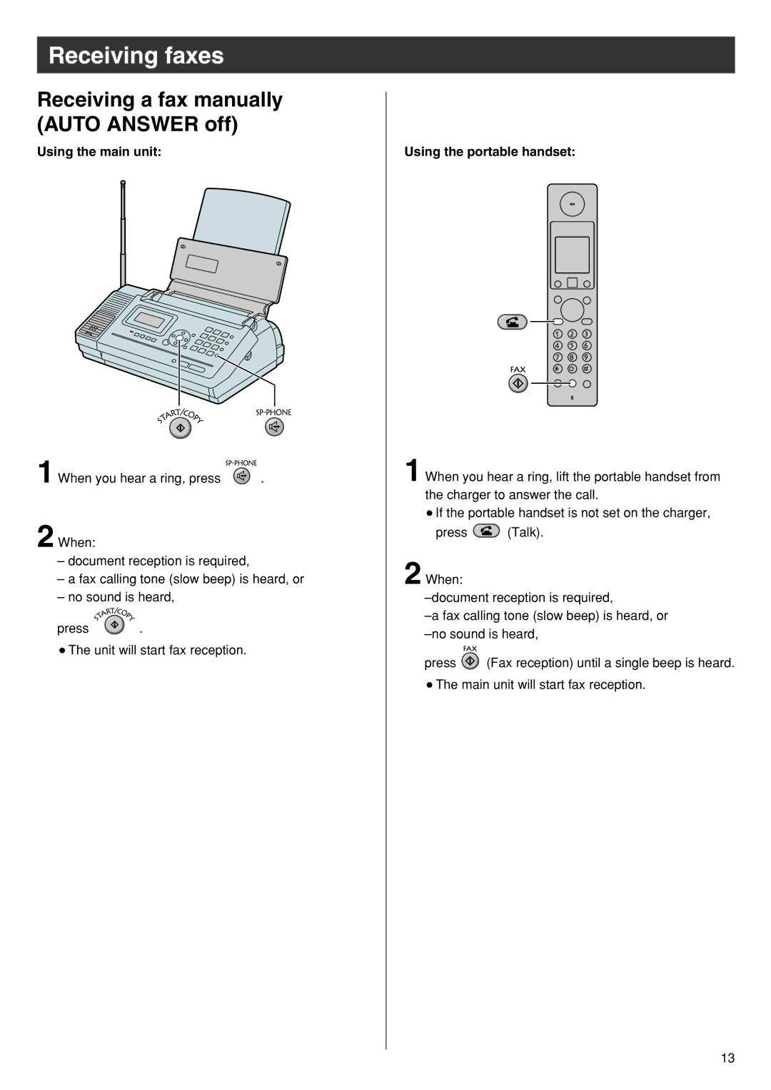 Panasonic KX-PW110CL specifications Receiving faxes, Receiving a fax manually Auto Answer off, Using the main unit 