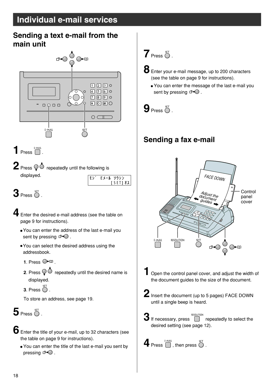 Panasonic KX-PW110CL specifications Sending a text e-mail from the main unit, Sending a fax e-mail 