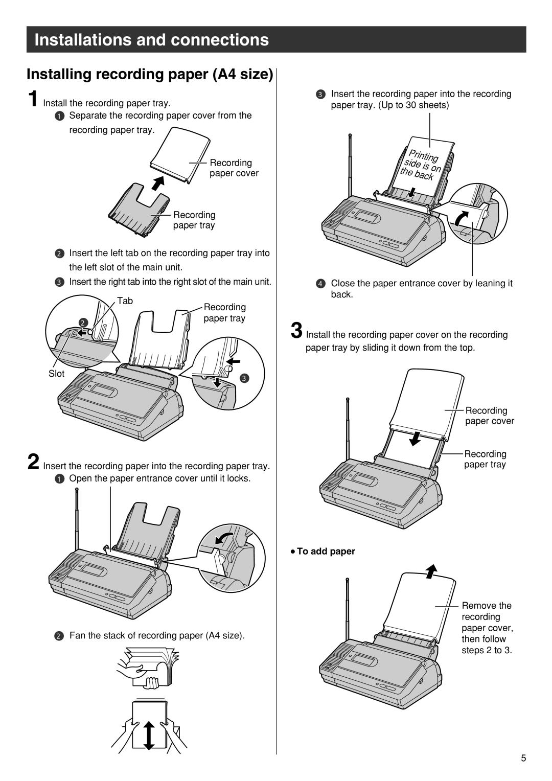 Panasonic KX-PW110CL specifications Installing recording paper A4 size, To add paper 