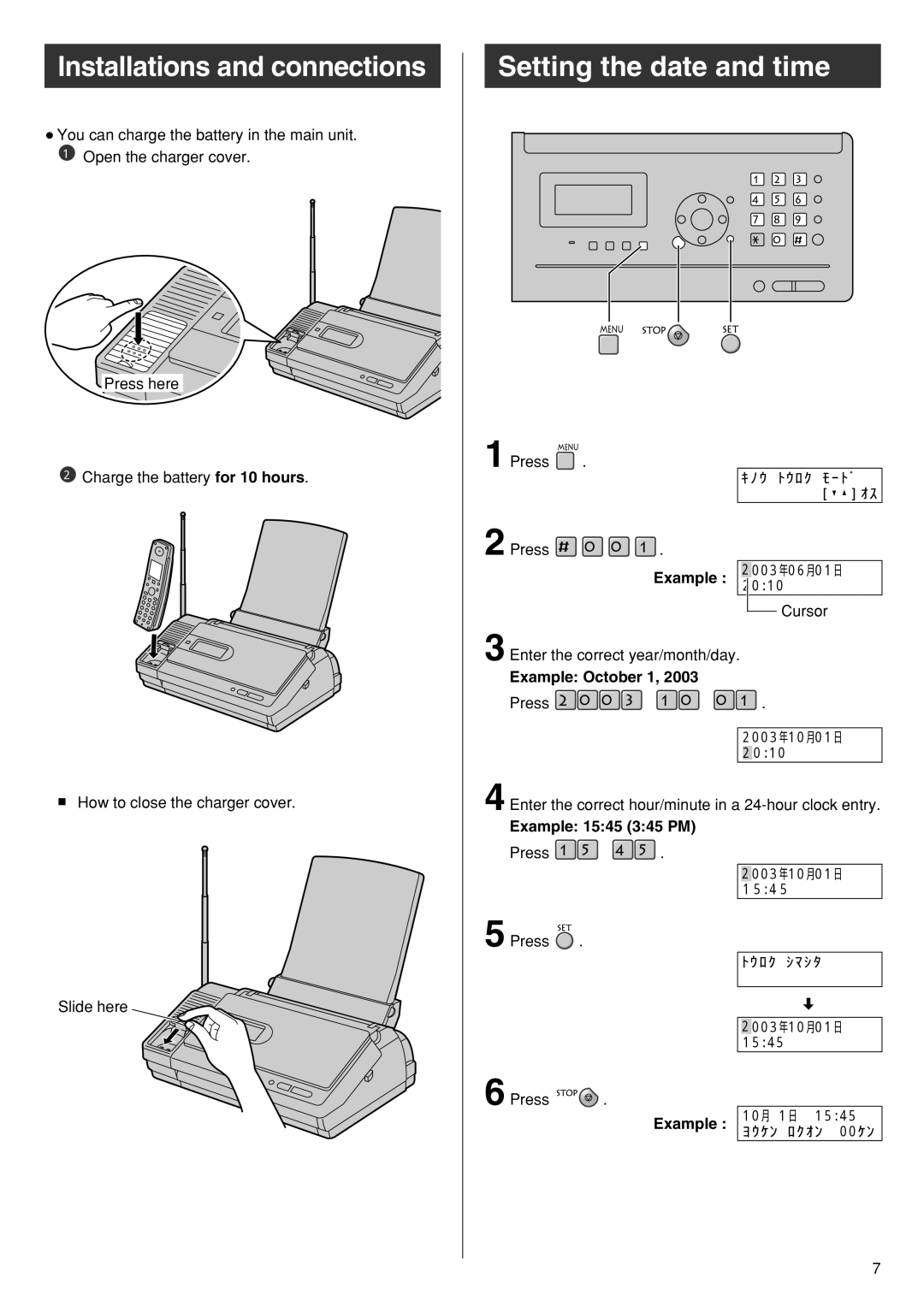 Panasonic KX-PW110CL specifications Setting the date and time, Example October 1, Example 1545 345 PM 