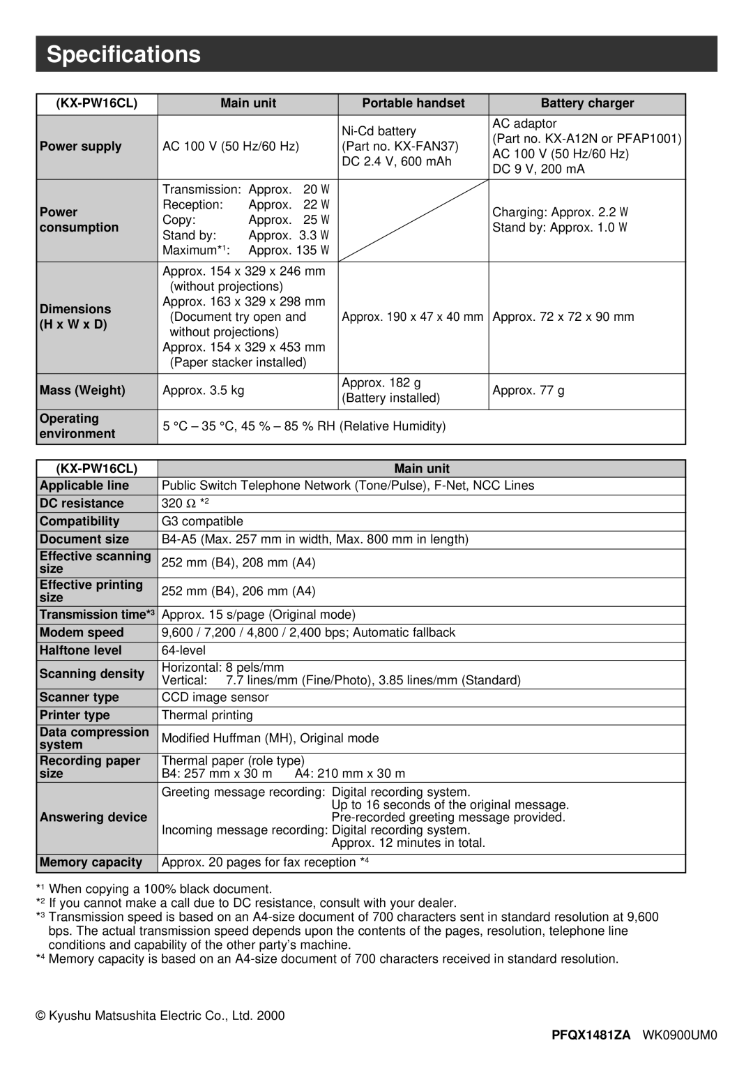 Panasonic KX-PW16CL specifications Speciﬁcations 