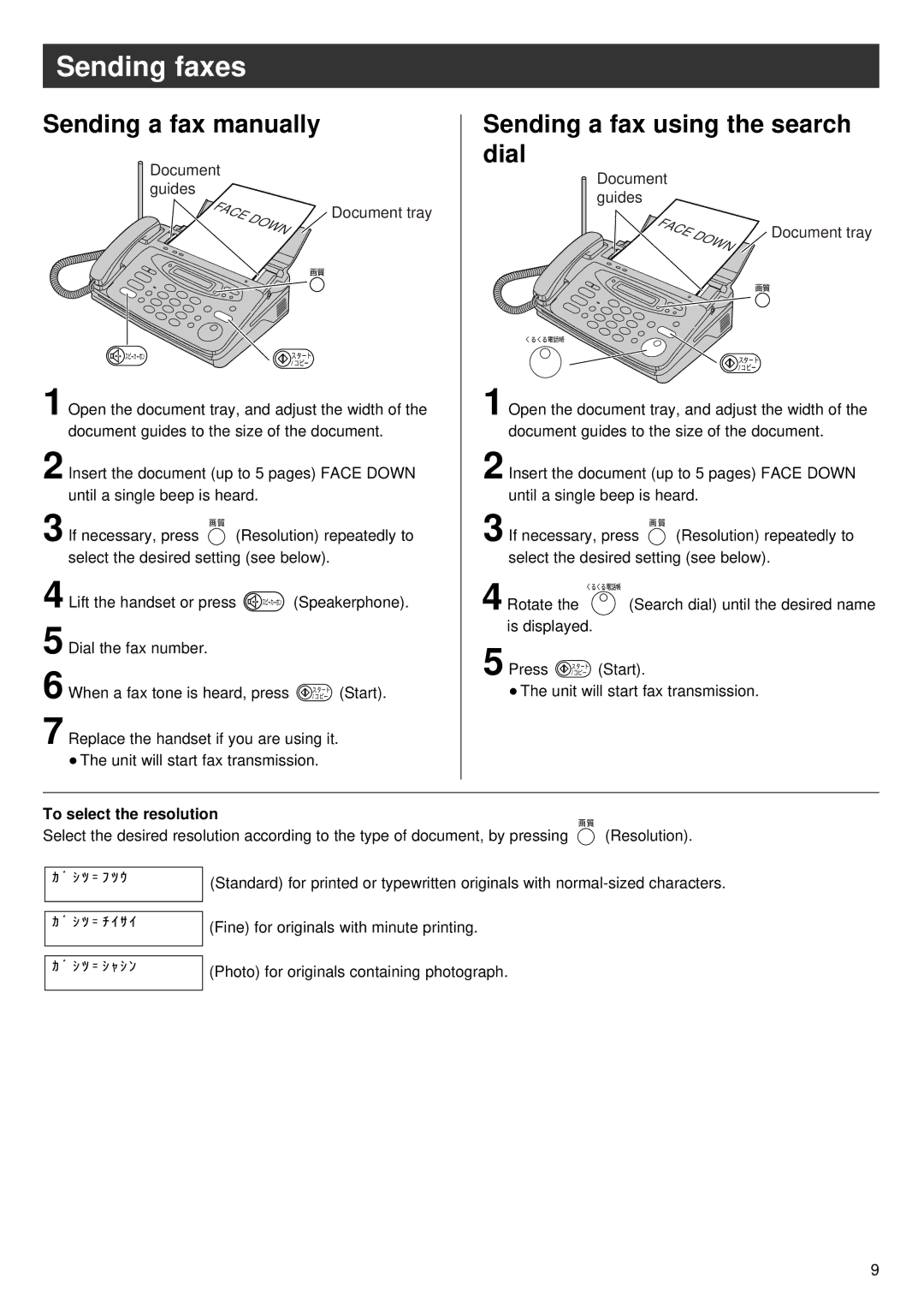 Panasonic KX-PW16CL Sending faxes, Sending a fax manually, Sending a fax using the search dial, To select the resolution 