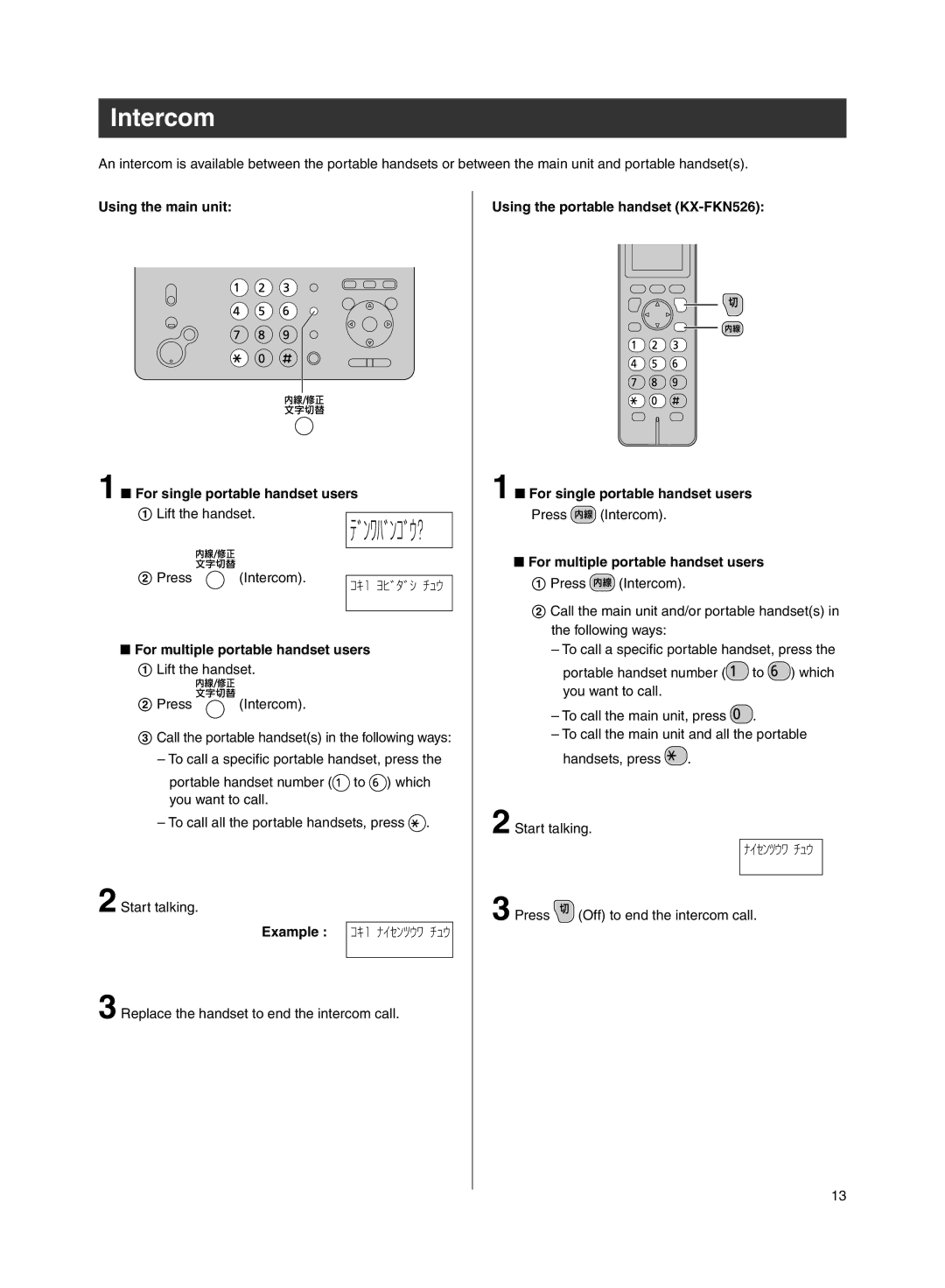 Panasonic KX-PW211DL specifications Intercom, Using the main unit  For single portable handset users 