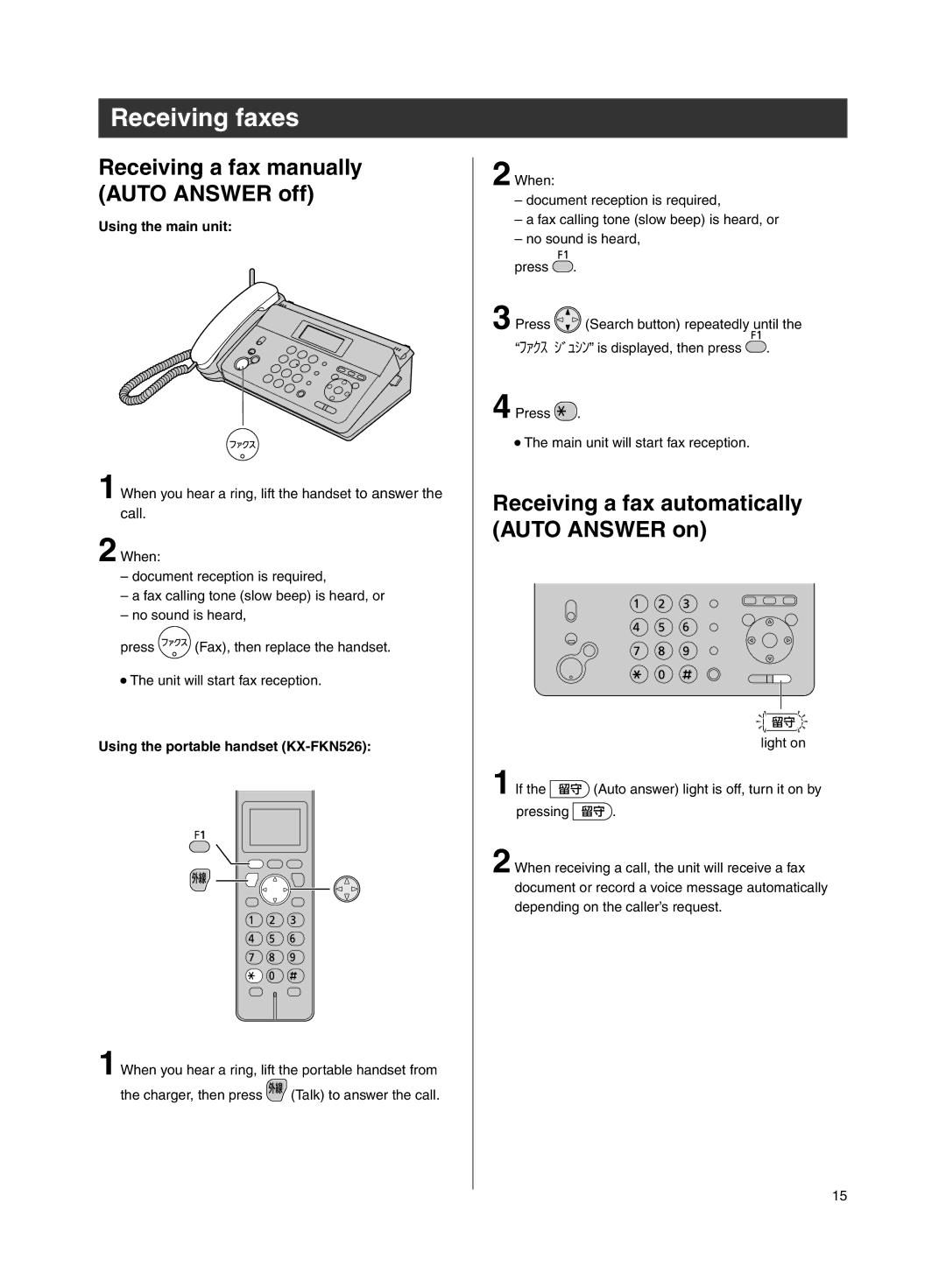 Panasonic KX-PW211DL specifications Receiving faxes, Receiving a fax manually Auto Answer off, Using the main unit 