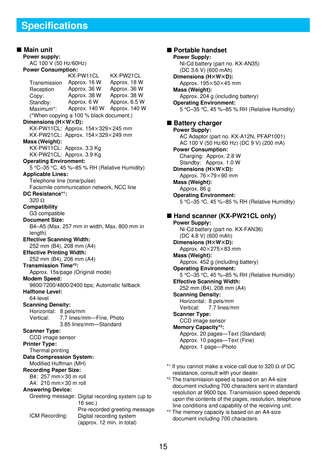 Panasonic KX-PW11CLH manual Specifications, Main unit, Portable handset, Battery charger, Hand scanner KX-PW21CL only 