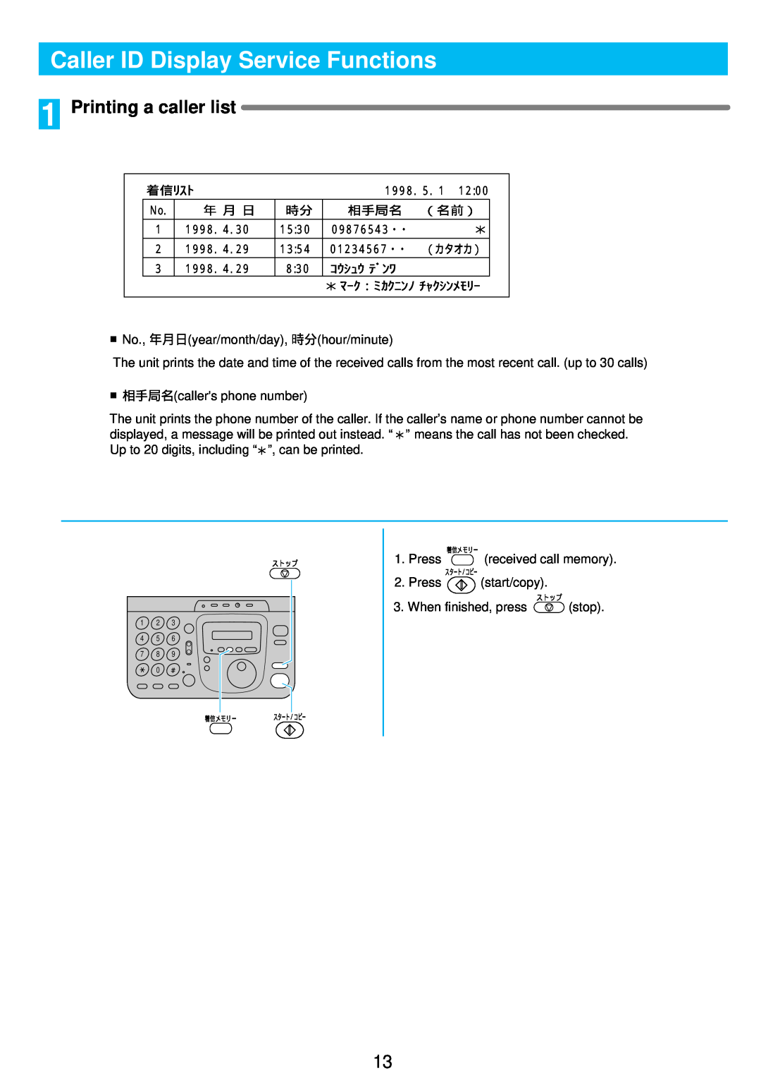 Panasonic KX-PW11CLH Printing a caller list, Caller ID Display Service Functions, 着信ﾘｽﾄ No. 年 月 日, ﾏｰｸ：ﾐｶｸﾆﾝﾉ ﾁｬｸｼﾝﾒﾓﾘｰ 