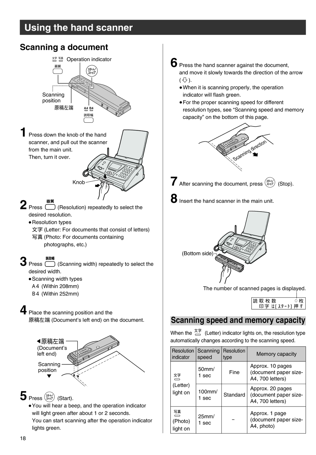 Panasonic KX-PW301DL specifications Using the hand scanner, Scanning a document 