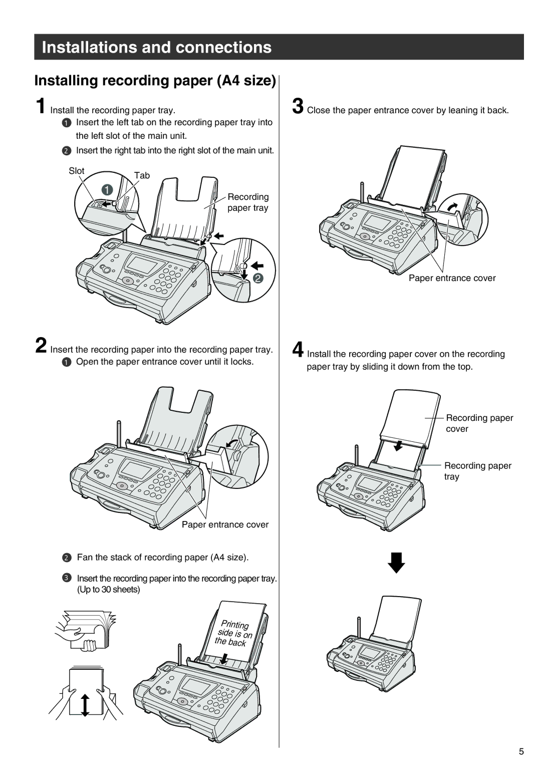 Panasonic KX-PW301DL specifications Installing recording paper A4 size, Printing side is on the back 