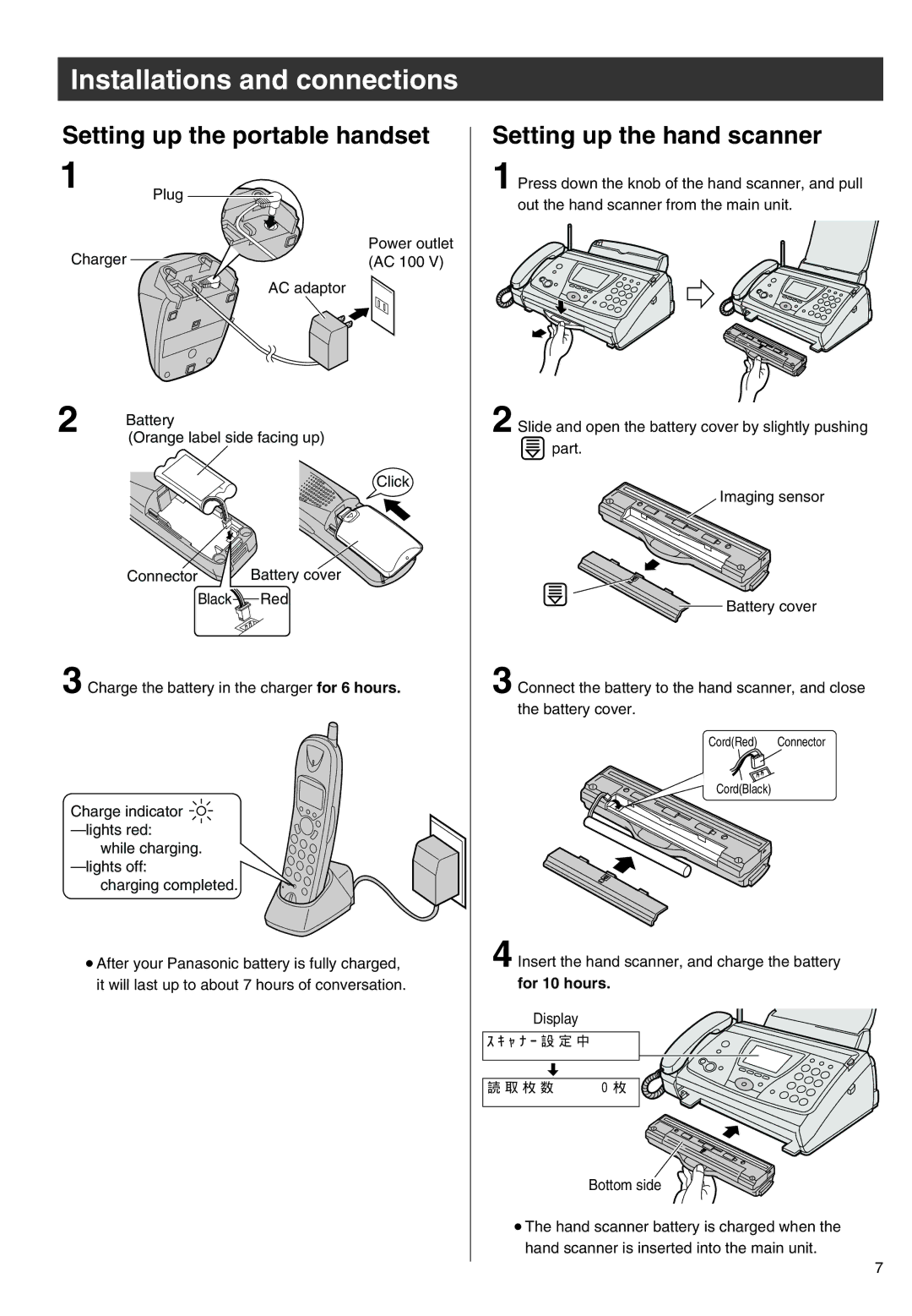 Panasonic KX-PW301DL specifications Setting up the portable handset, Setting up the hand scanner, For 10 hours 