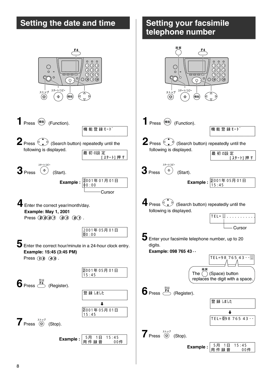 Panasonic KX-PW301DL specifications Setting the date and time, Setting your facsimile telephone number 