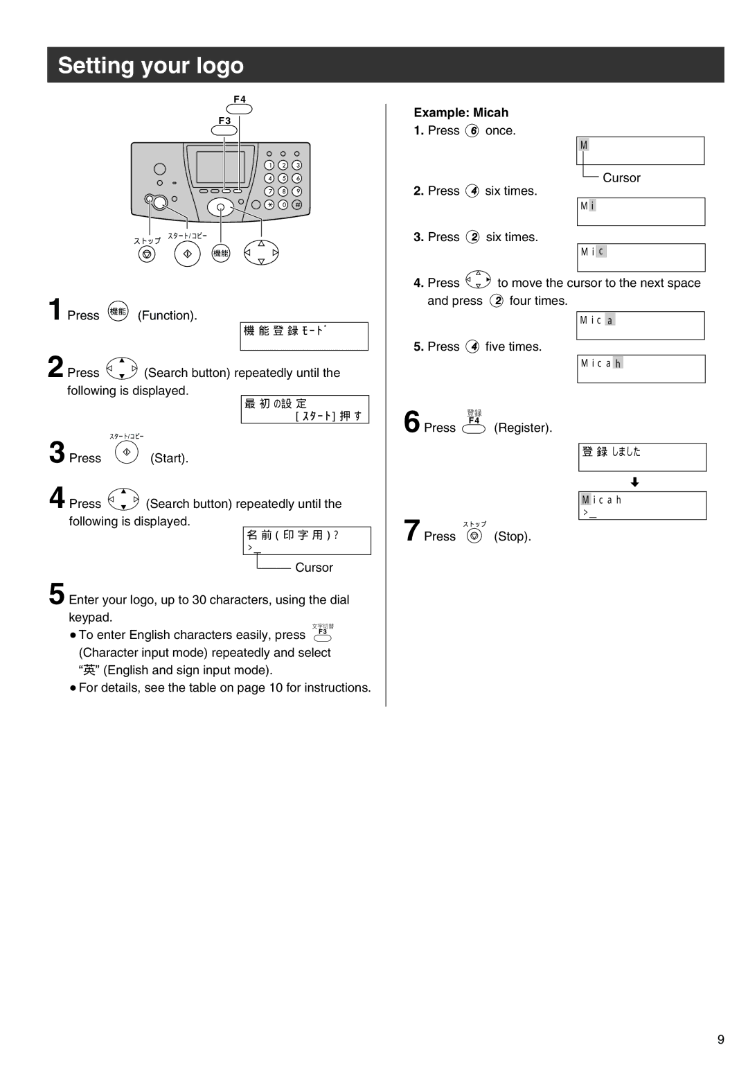 Panasonic KX-PW301DL specifications Setting your logo, Example Micah 