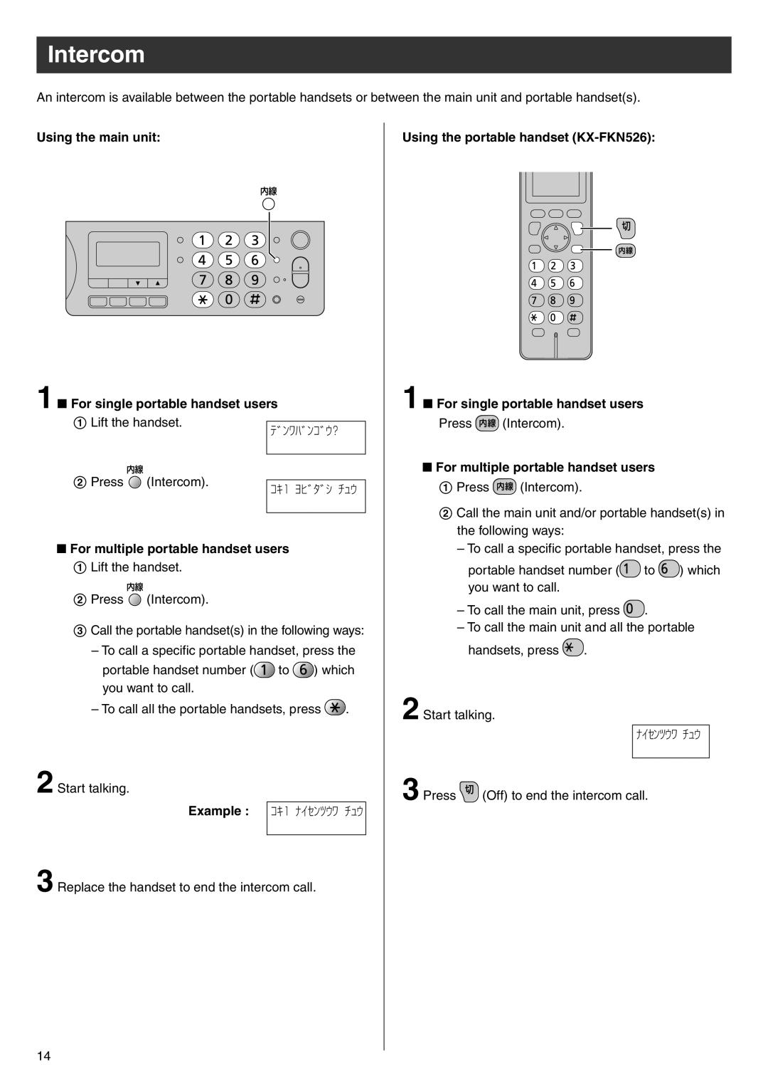 Panasonic KX-PW308DL, KX-PW308DW specifications Intercom, Using the main unit  For single portable handset users 