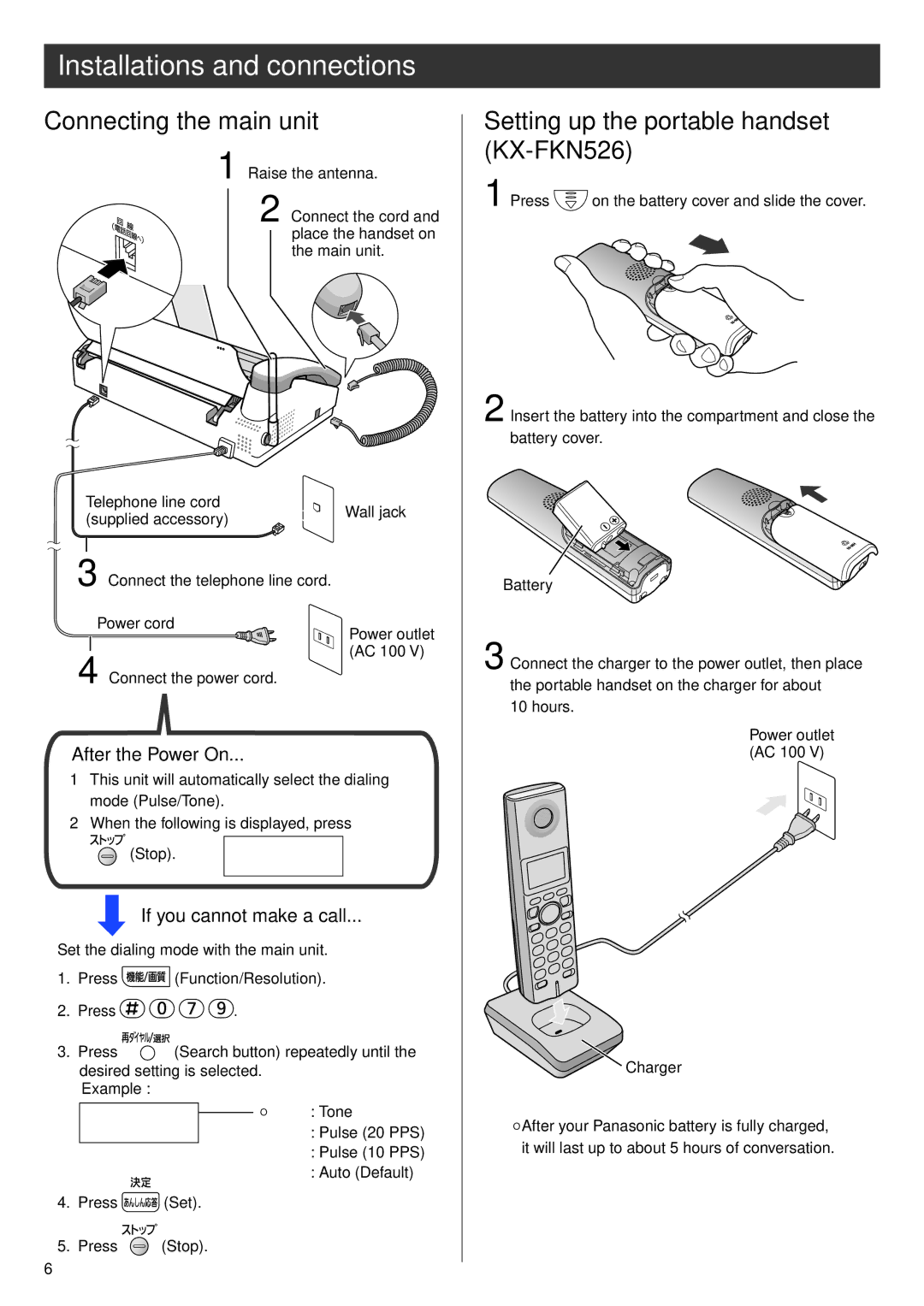 Panasonic KX-PW308DL, KX-PW308DW Connecting the main unit, Setting up the portable handset KX-FKN526, Example, Hours 