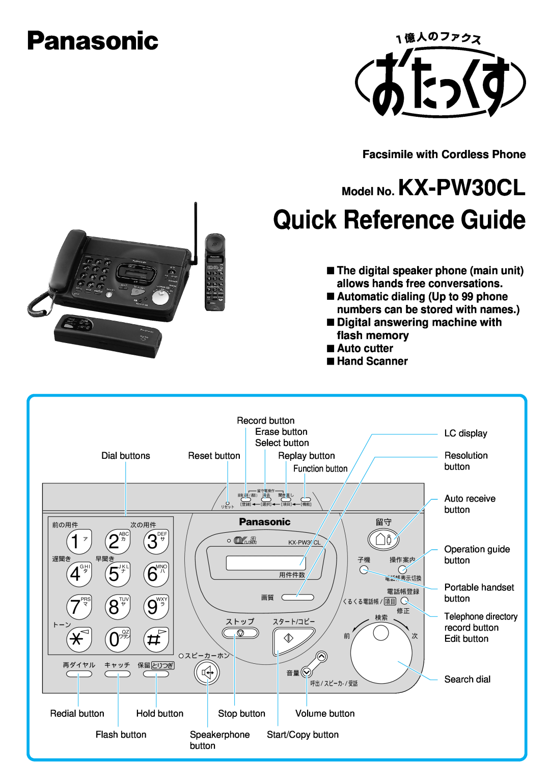 Panasonic manual Facsimile with Cordless Phone Model No. KX-PW30CL, Quick Reference Guide 