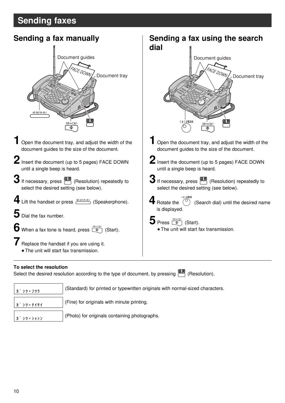 Panasonic KX-PW36CL Sending faxes, Sending a fax manually, Sending a fax using the search dial, To select the resolution 