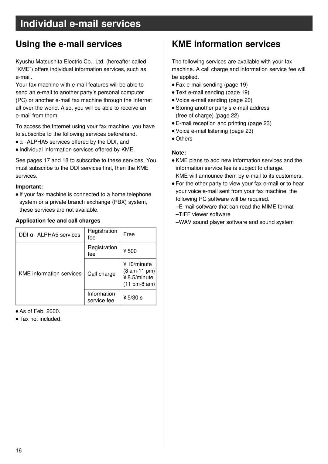 Panasonic KX-PW36CL, KX-PW36CW Individual e-mail services, Using the e-mail services, KME information services 