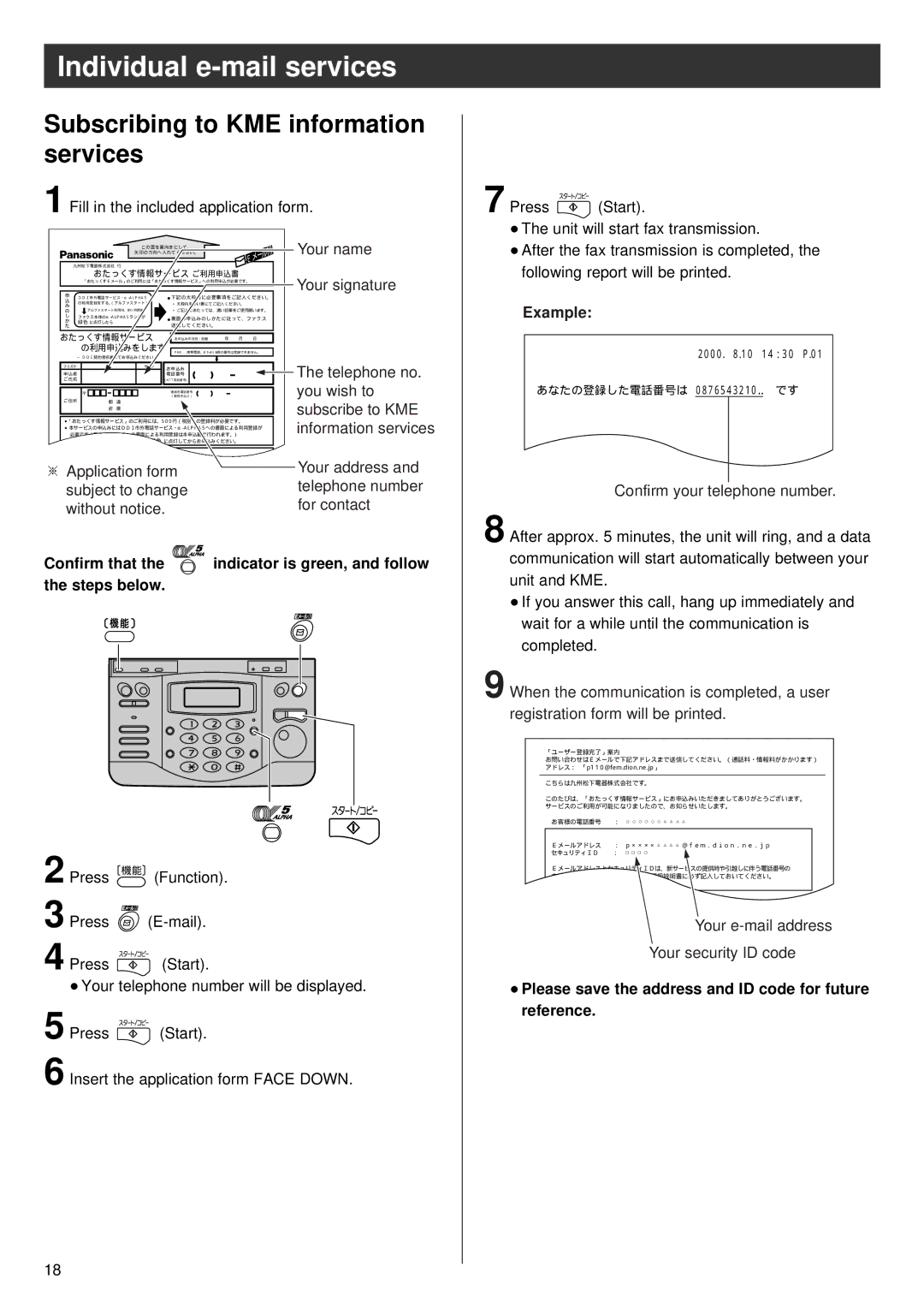 Panasonic KX-PW36CL Subscribing to KME information services, Conﬁrm that Indicator is green, and follow Steps below 