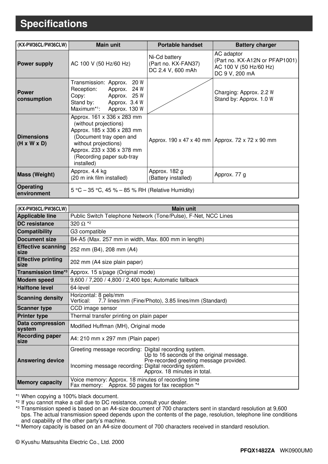 Panasonic KX-PW36CL, KX-PW36CW specifications Speciﬁcations 