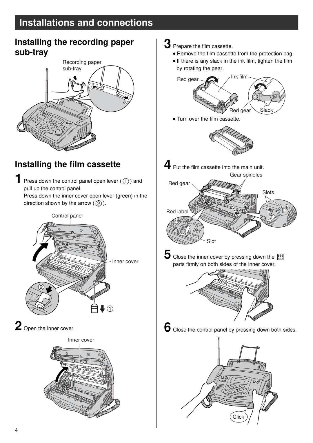 Panasonic KX-PW36CL Installations and connections, Installing the recording paper sub-tray, Installing the ﬁlm cassette 