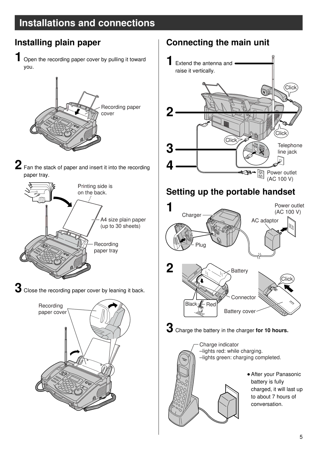 Panasonic KX-PW36CW, KX-PW36CL Installing plain paper, Connecting the main unit, Setting up the portable handset 