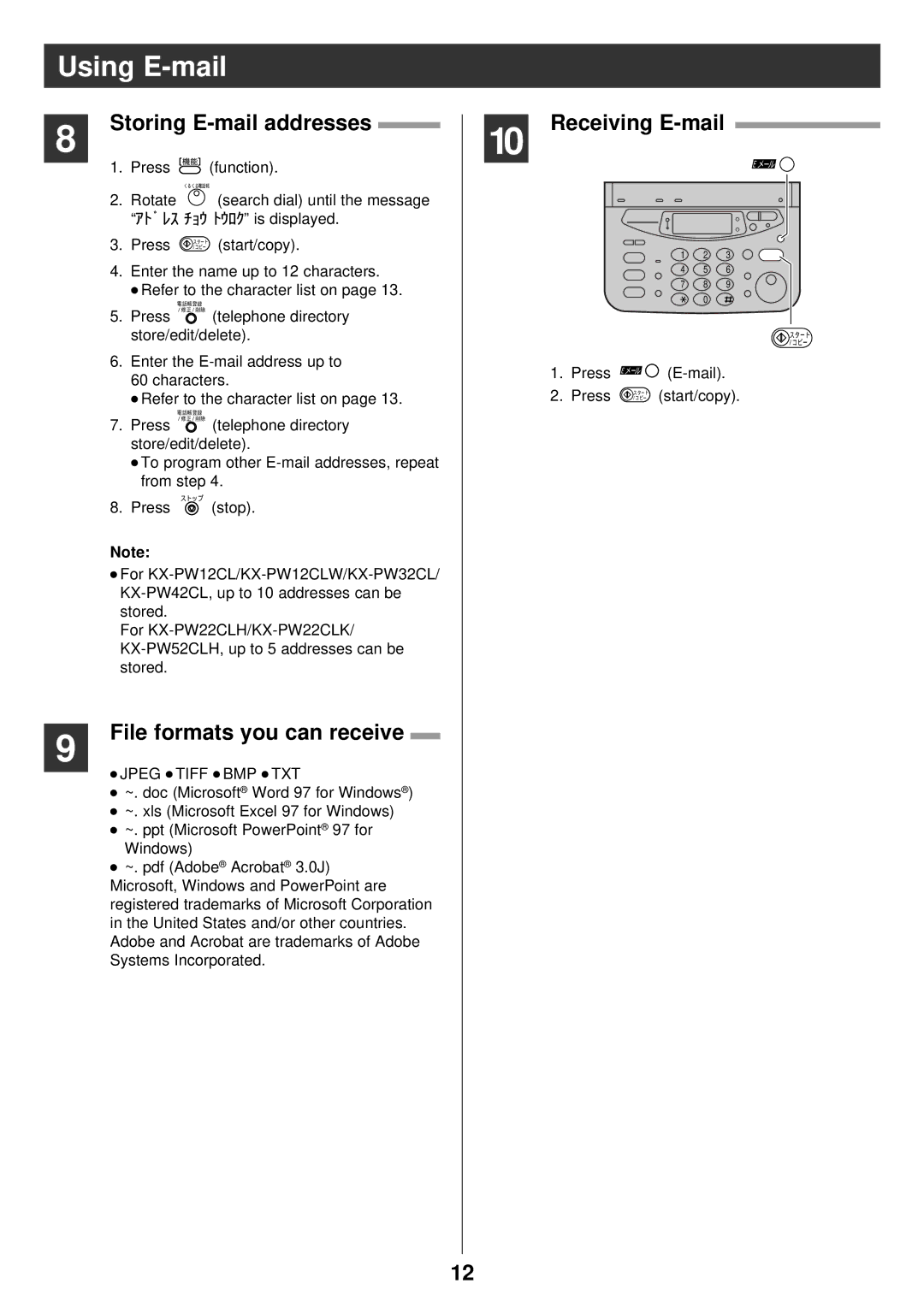 Panasonic KX-PW42CL, KX-PW52CLH, KX-PW32CL manual Storing E-mail addresses, File formats you can receive, Receiving E-mail 