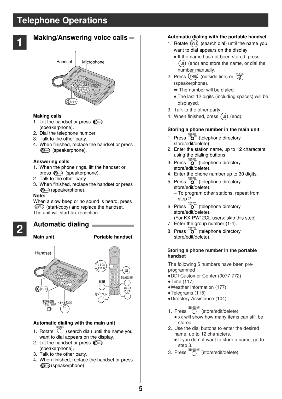 Panasonic KX-PW52CLH, KX-PW42CL, KX-PW32CL manual Telephone Operations, Making/Answering voice calls, Automatic dialing 