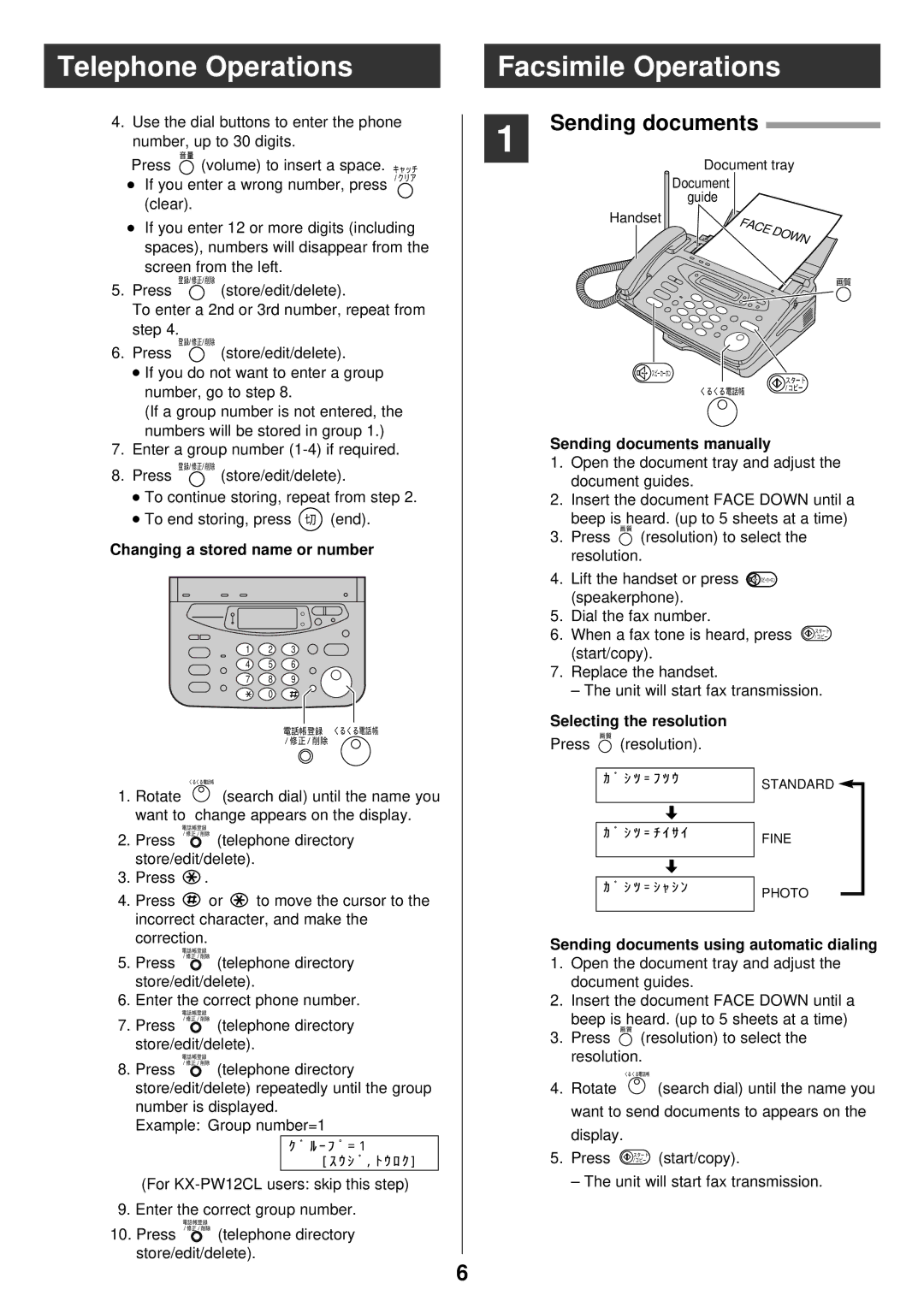 Panasonic KX-PW32CL, KX-PW42CL, KX-PW52CLH manual Telephone Operations Facsimile Operations, Sending documents 