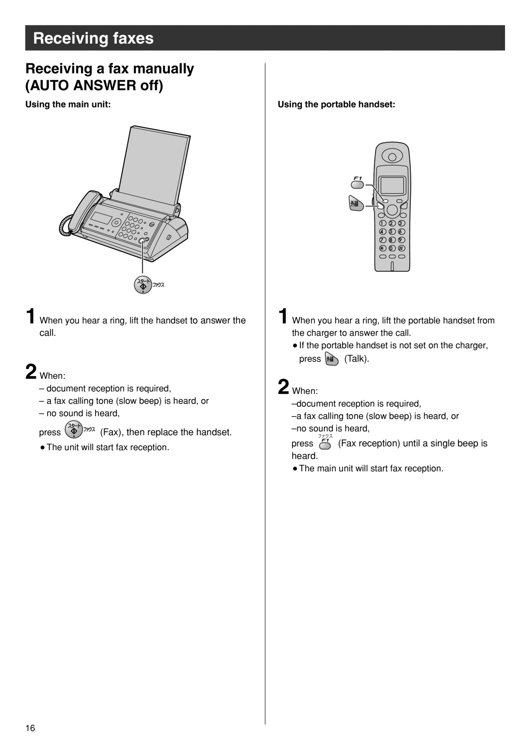 Panasonic KX-PW501DW, KX-PW501DL Receiving faxes, Receiving a fax manually Auto Answer off, Using the main unit 