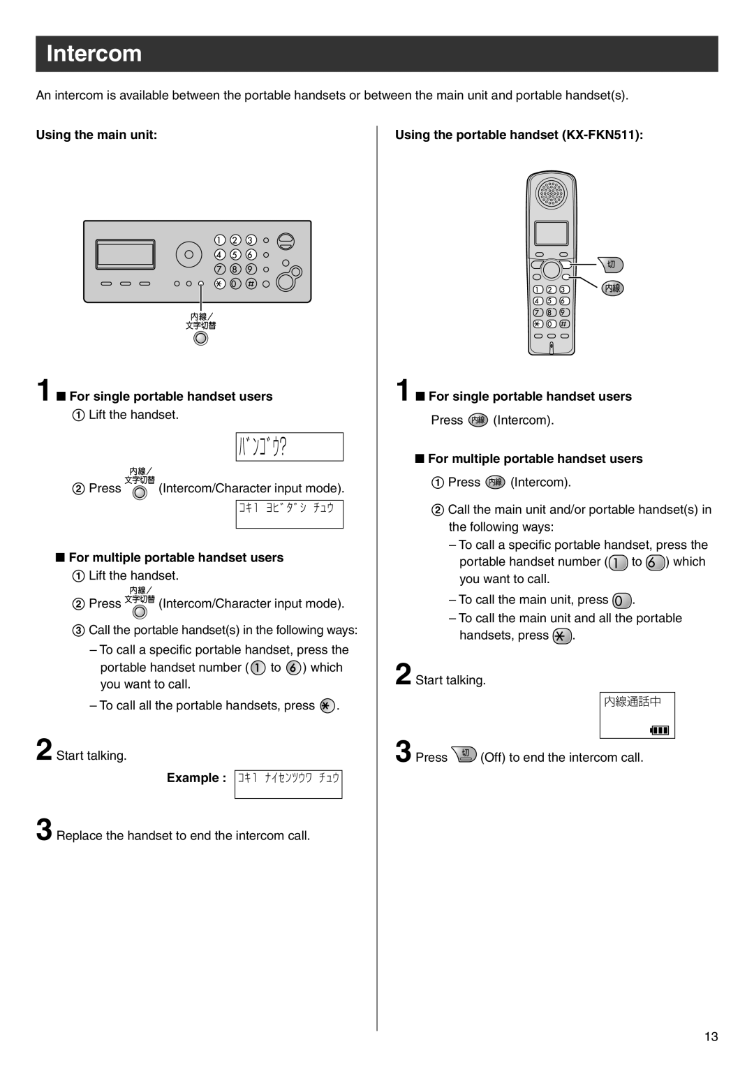 Panasonic KX-PW504E2 Intercom, Using the main unit For single portable handset users, For multiple portable handset users 