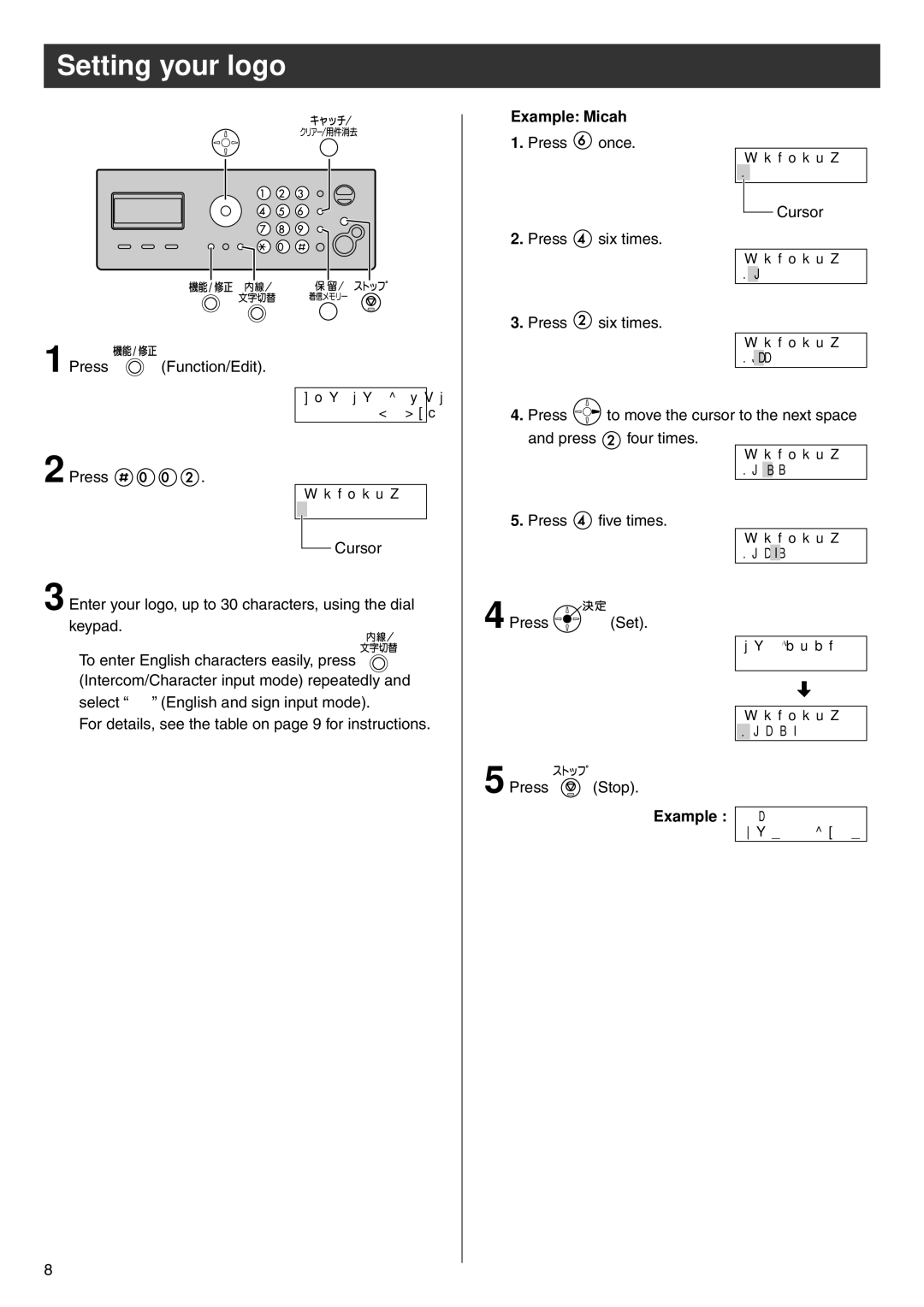 Panasonic KX-PW504E2 specifications Setting your logo, Example Micah 