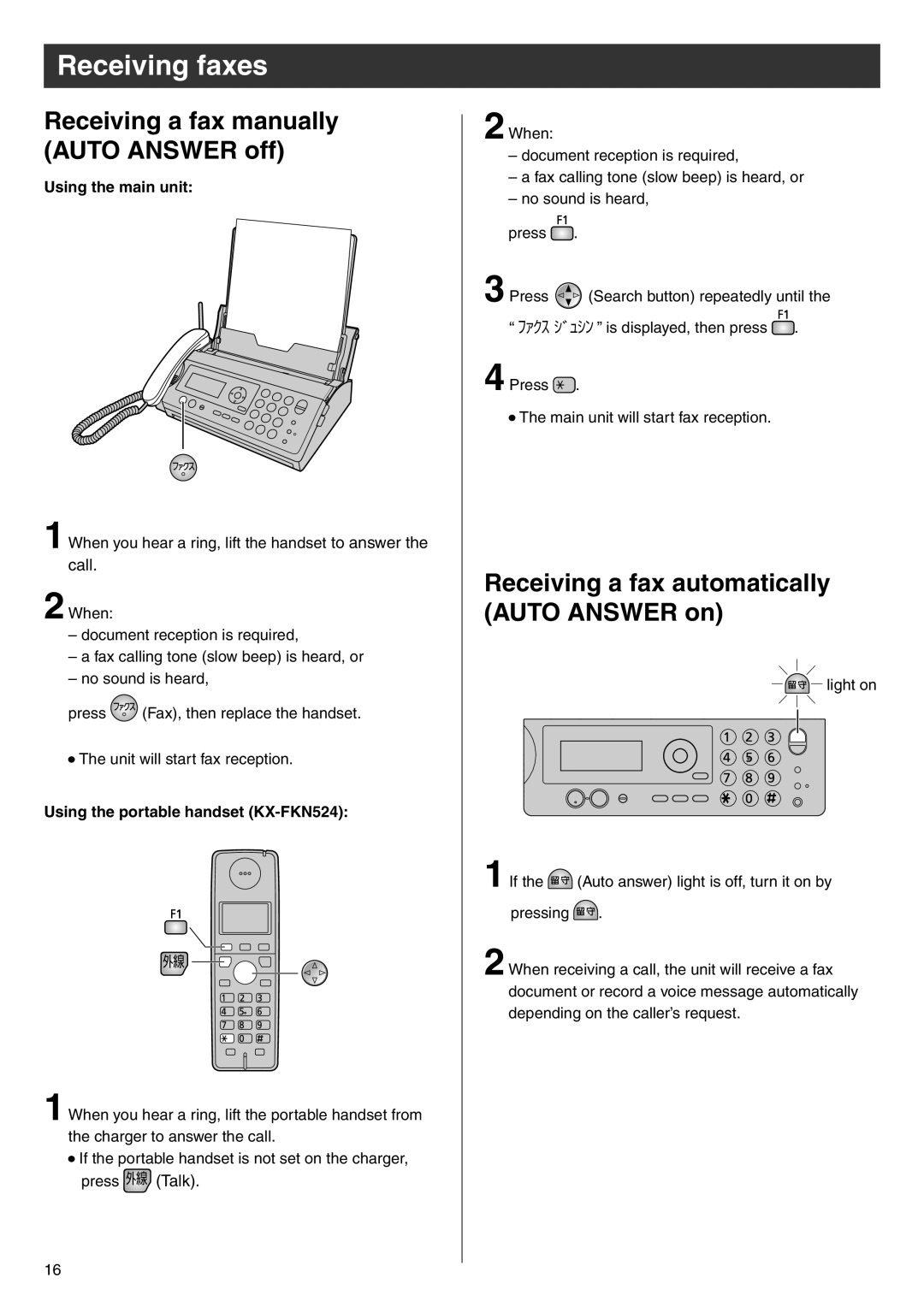 Panasonic KX-PW506DL, KX-PW506DW Receiving faxes, Receiving a fax manually Auto Answer off, Using the main unit 