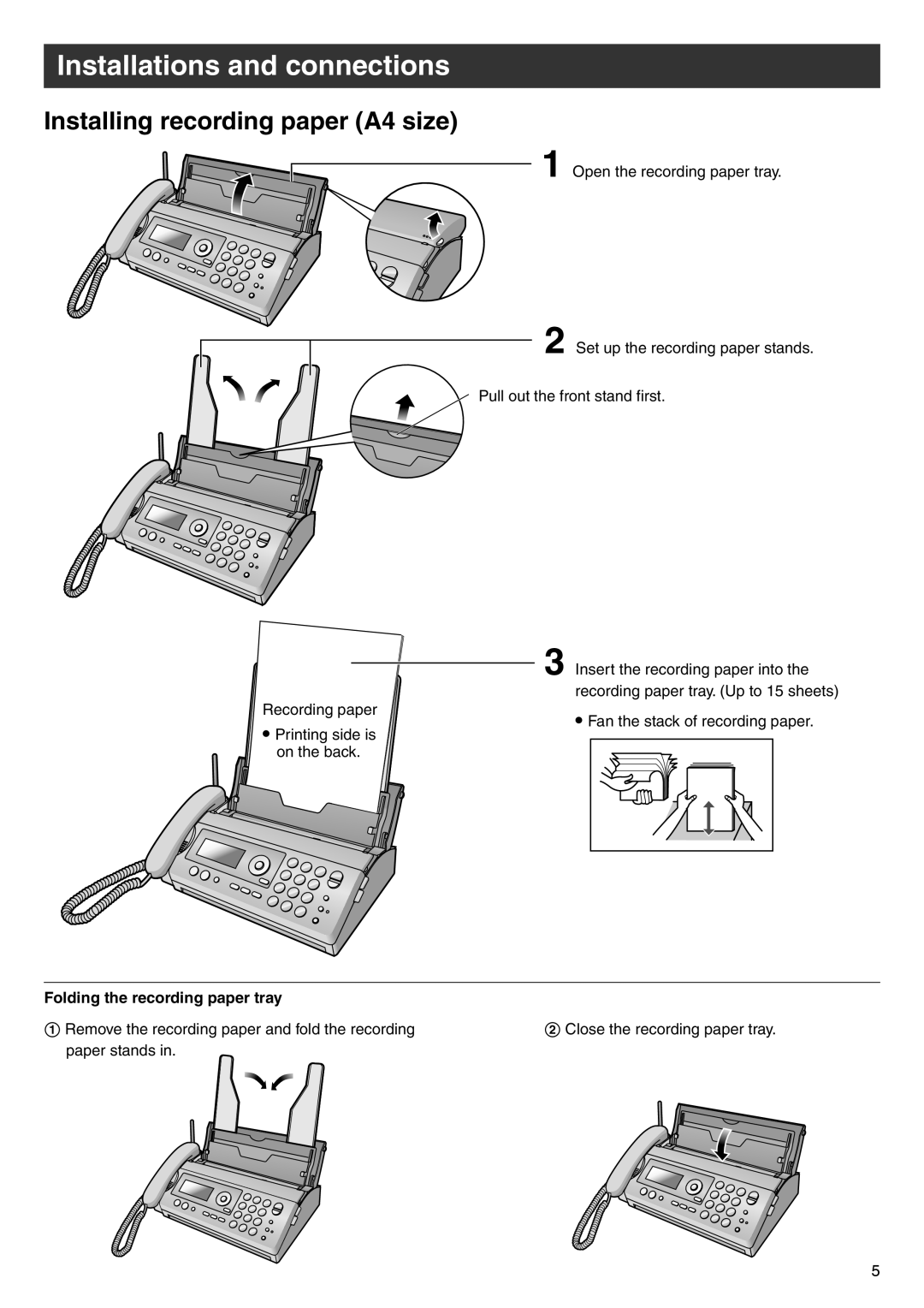 Panasonic KX-PW506DW, KX-PW506DL manual Installing recording paper A4 size, Folding the recording paper tray 