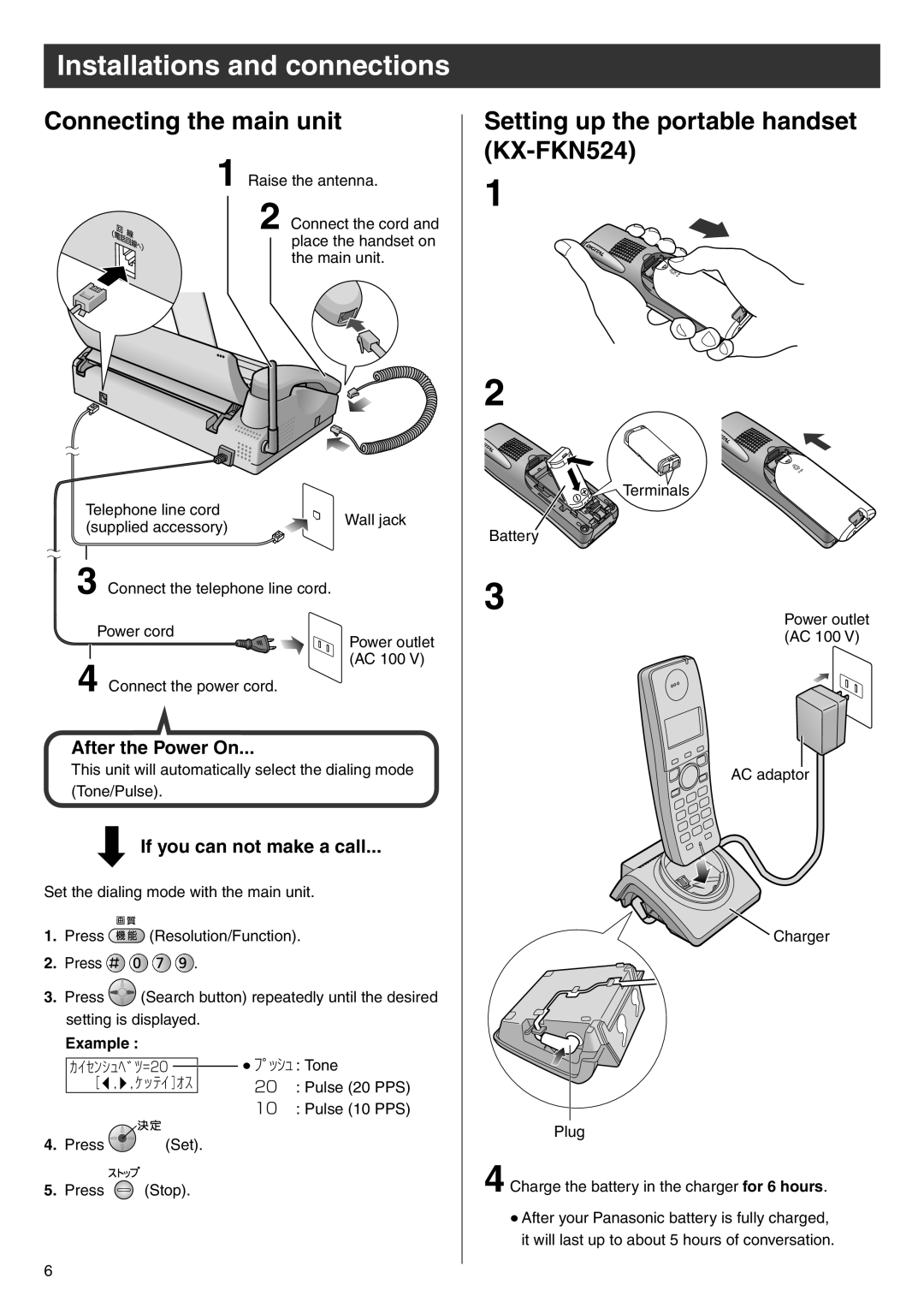 Panasonic KX-PW506DL, KX-PW506DW manual Connecting the main unit, Setting up the portable handset KX-FKN524, Example 