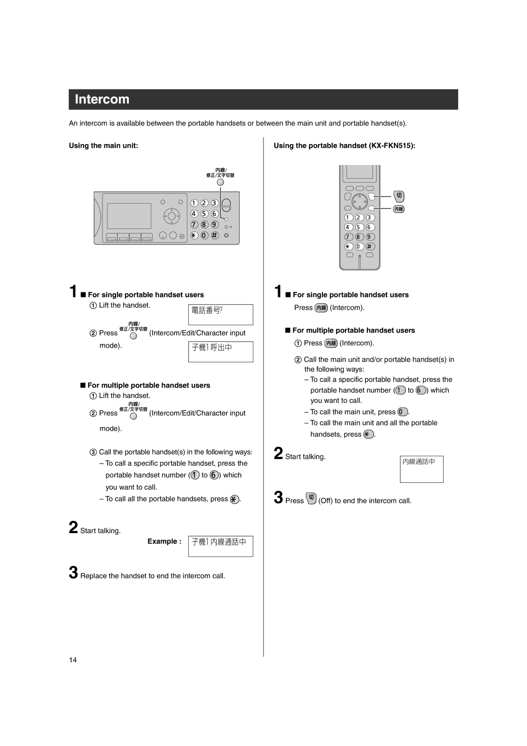 Panasonic KX-PW507DL Intercom, 子機 1 呼出中, Using the main unit  For single portable handset users, Example 子機1 内線通話中 