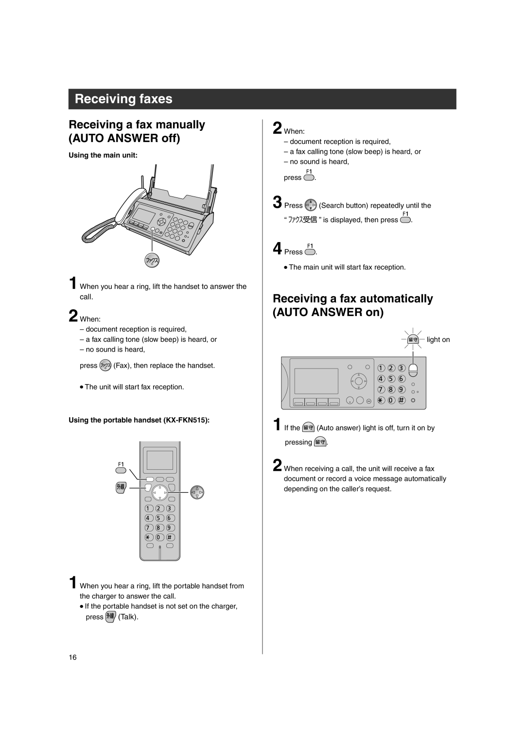 Panasonic KX-PW507DL, KX-PW507DW Receiving faxes, Receiving a fax manually Auto Answer off, Using the main unit 