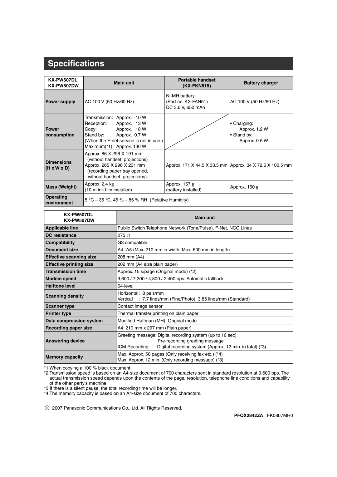 Panasonic KX-PW507DL, KX-PW507DW specifications Specifications 