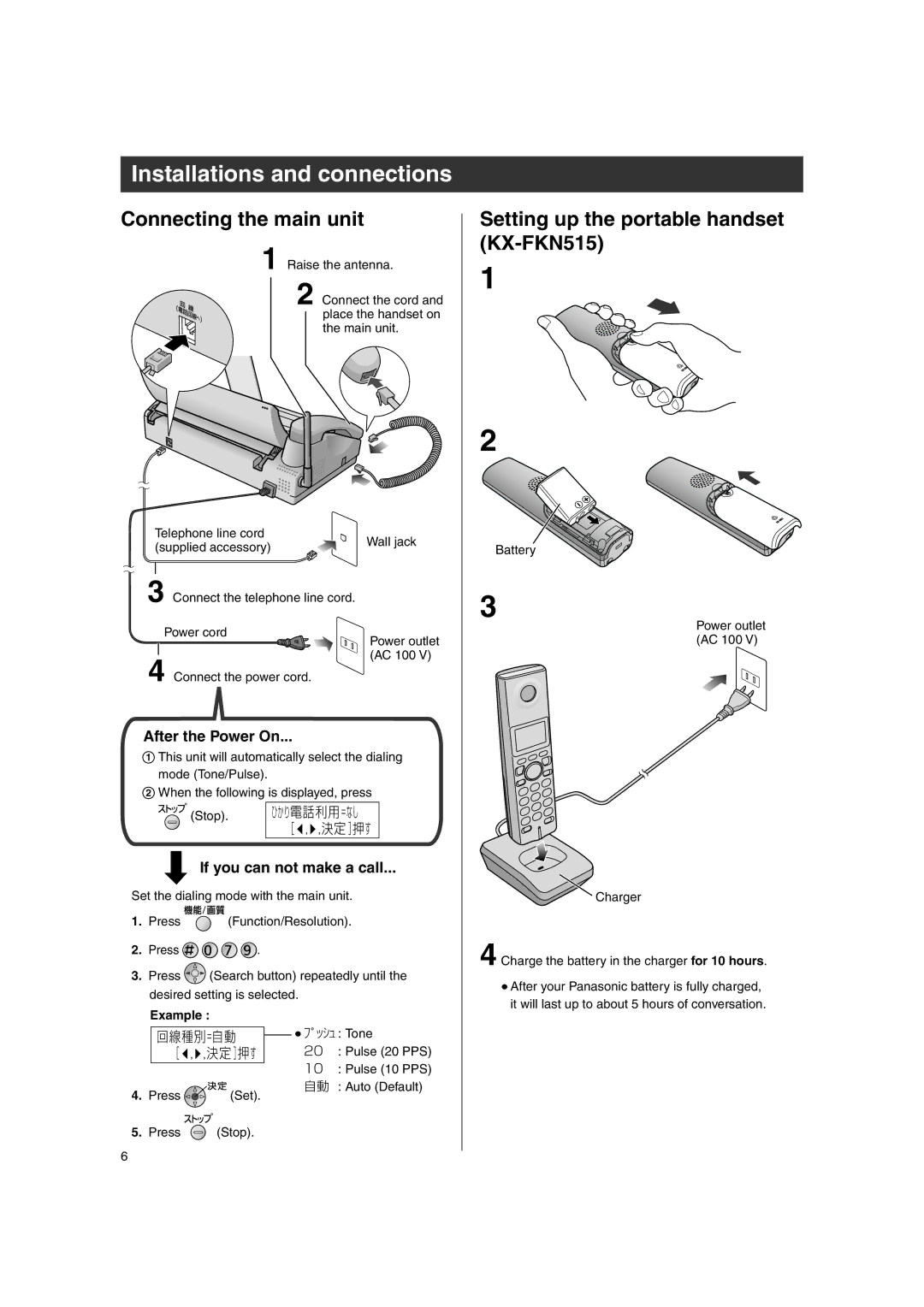 Panasonic KX-PW507DL, KX-PW507DW Connecting the main unit, Setting up the portable handset KX-FKN515, 回線種別 =自動, Example 