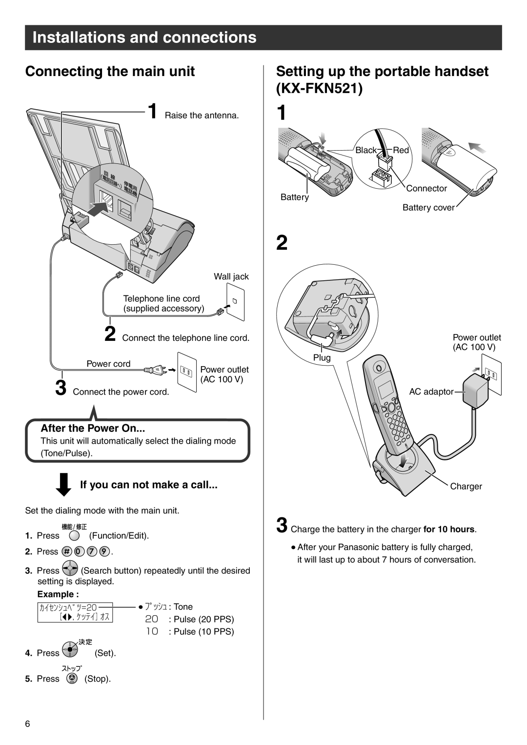 Panasonic KX-PW513DW, KX-PW513DL specifications Connecting the main unit, Setting up the portable handset KX-FKN521, Example 