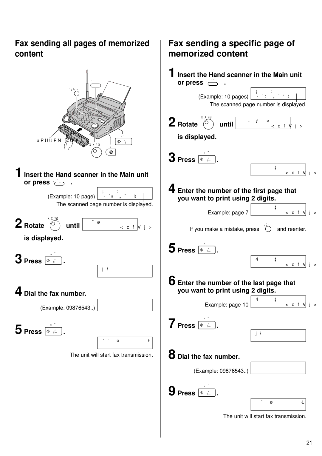 Panasonic KX-PW55CL Fax sending all pages of memorized content, Fax sending a speciﬁc page of memorized content 