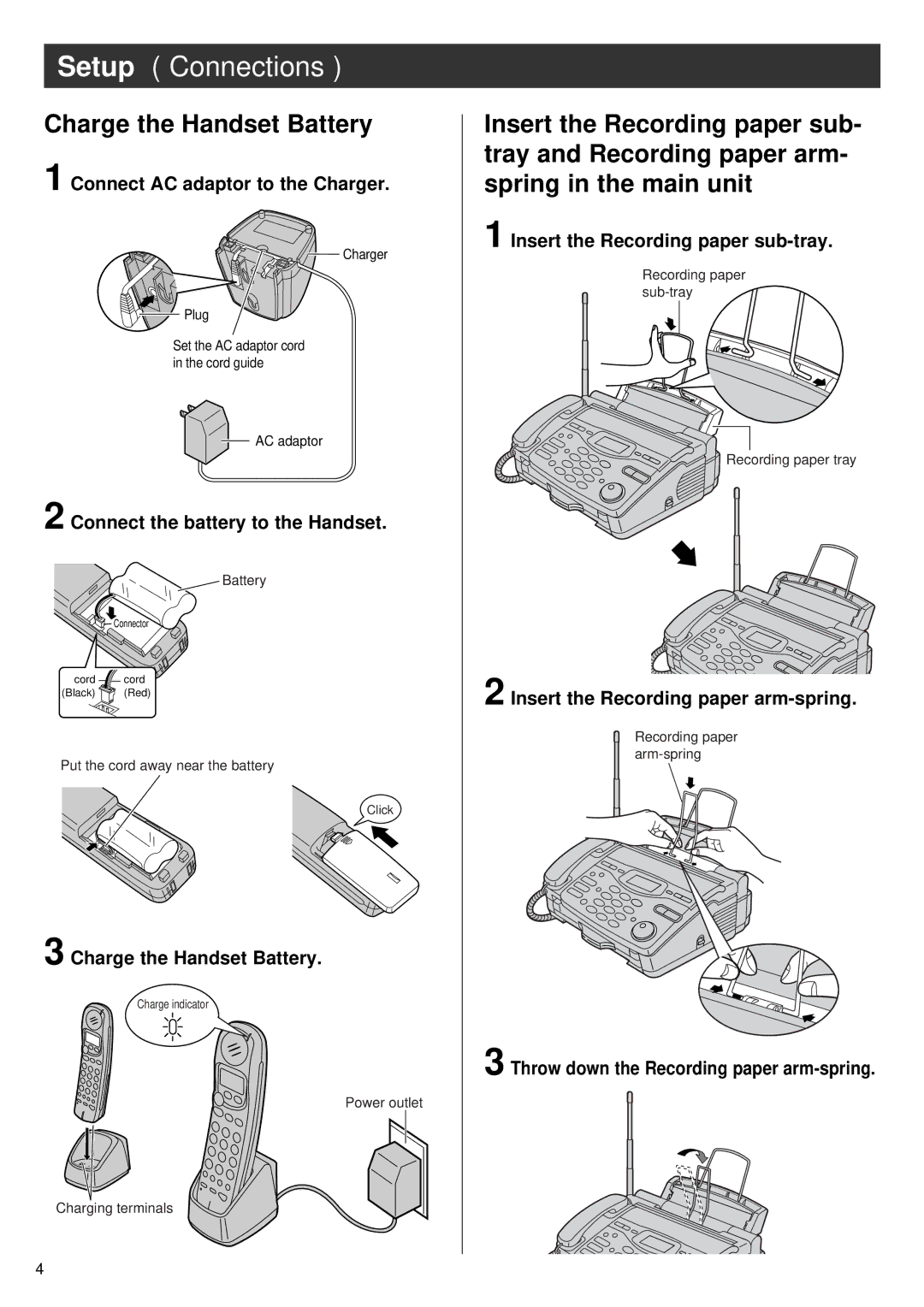 Panasonic KX-PW55CL specifications Setup Connections, Charge the Handset Battery 