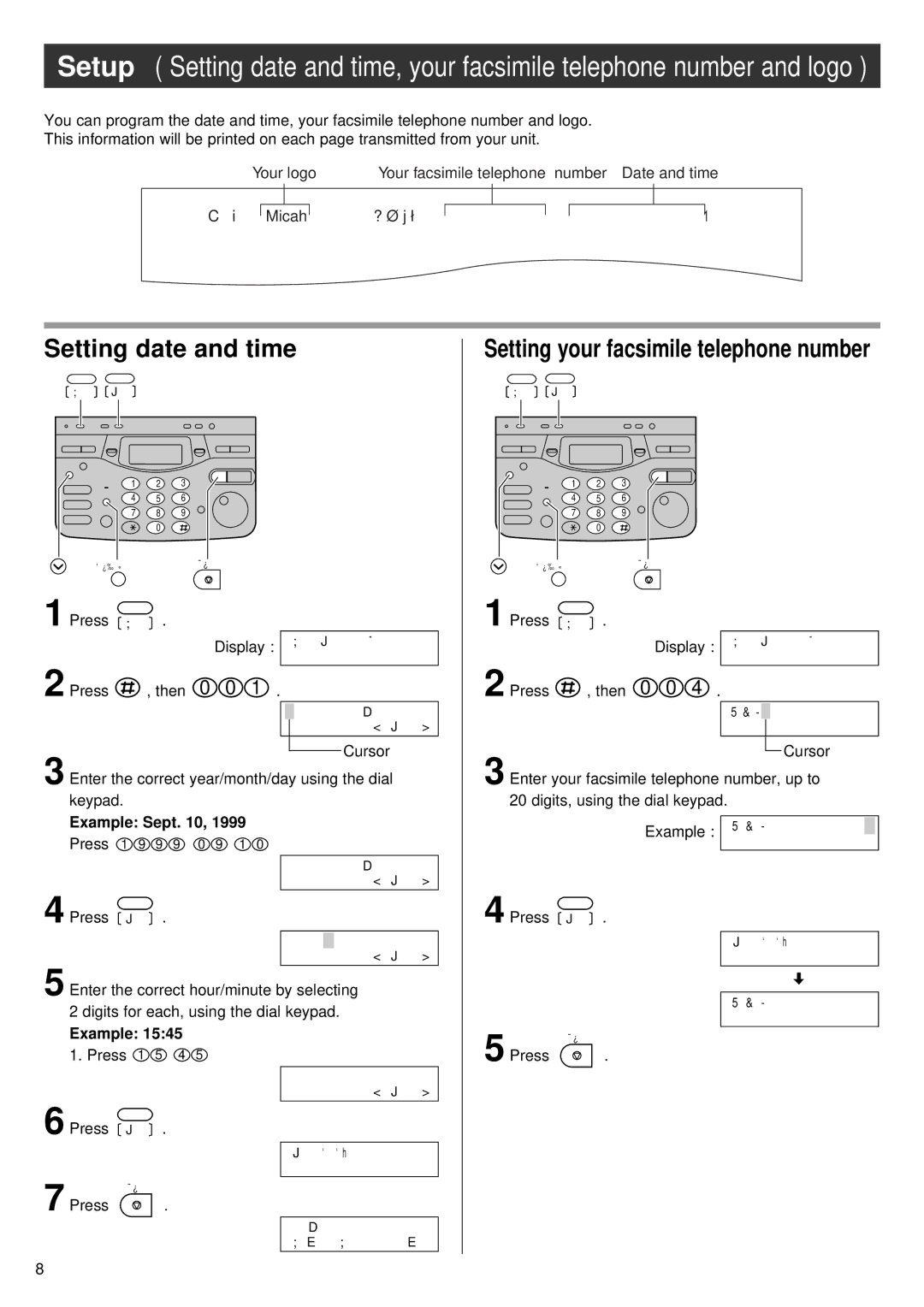 Panasonic KX-PW55CL specifications Setting date and time, Setting your facsimile telephone number, Example Sept 