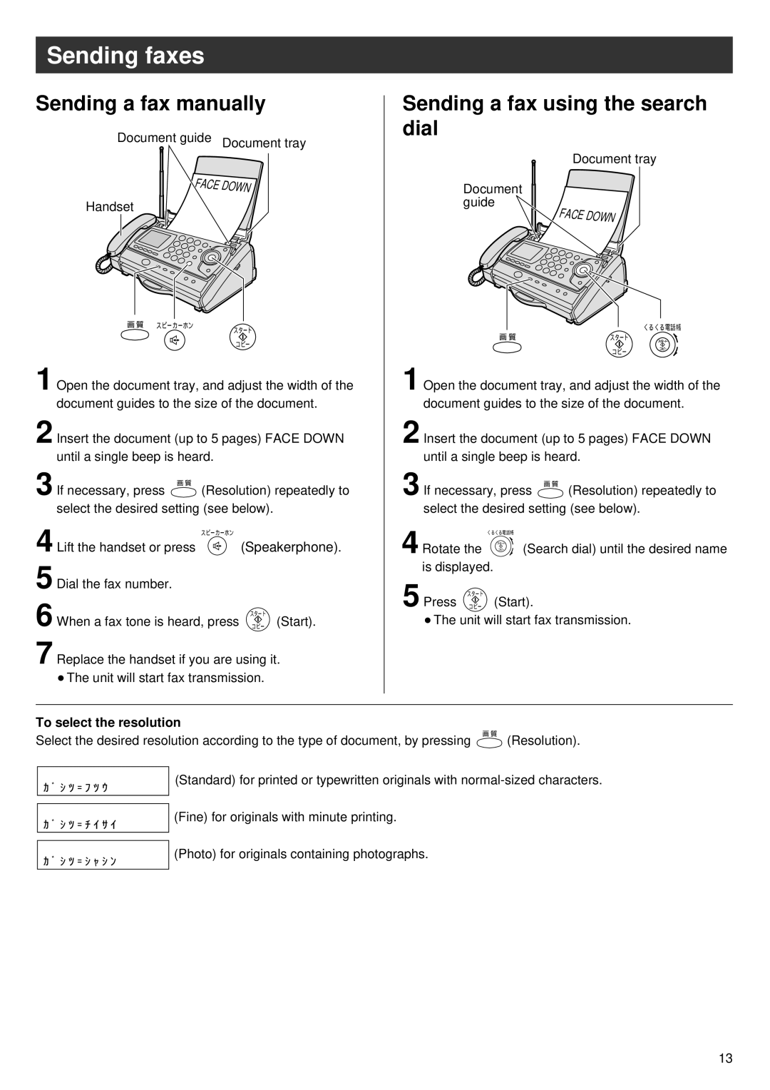 Panasonic KX-PW47CL Sending faxes, Sending a fax manually, Sending a fax using the search dial, To select the resolution 