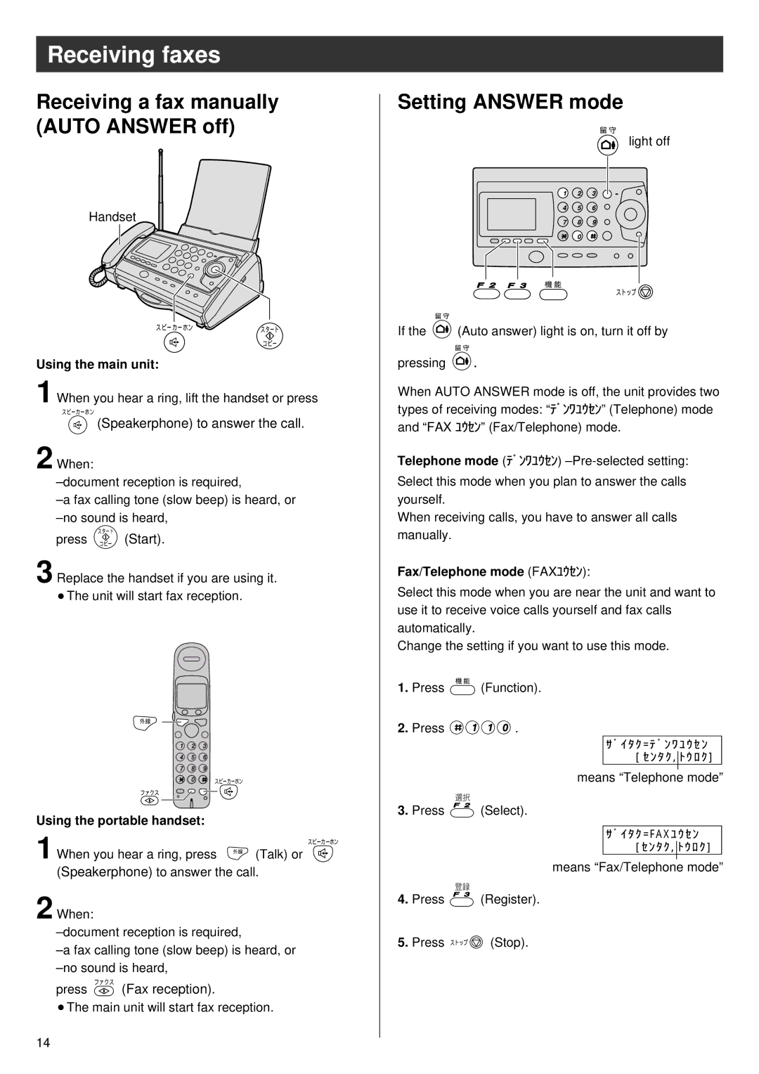 Panasonic KX-PW37CL, KX-PW57CL, KX-PW47CL Receiving faxes, Receiving a fax manually Auto Answer off, Setting Answer mode 